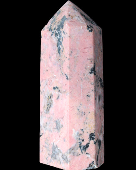 Peach Blossom Stone Rhodonite obelisk 505g in sunlight - Rocks and Things Store