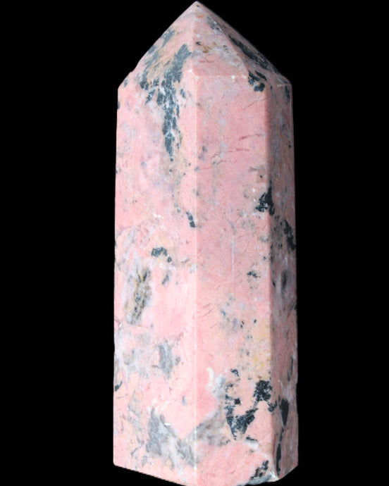Peach Blossom Stone Rhodonite obelisk 505g in sunlight - Rocks and Things Store