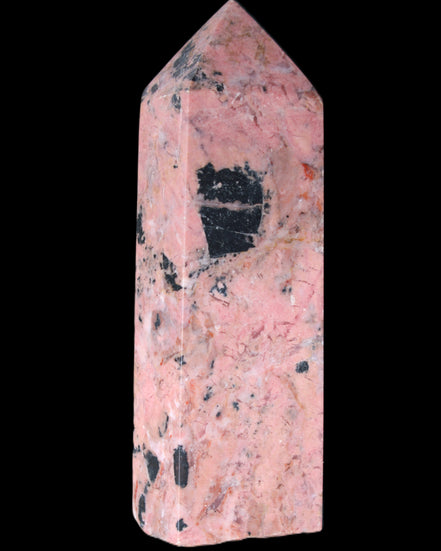 Peach Blossom Stone Rhodonite obelisk 505g in sunlight - Rocks and Things Store