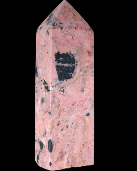 Peach Blossom Stone Rhodonite obelisk 505g in sunlight - Rocks and Things Store