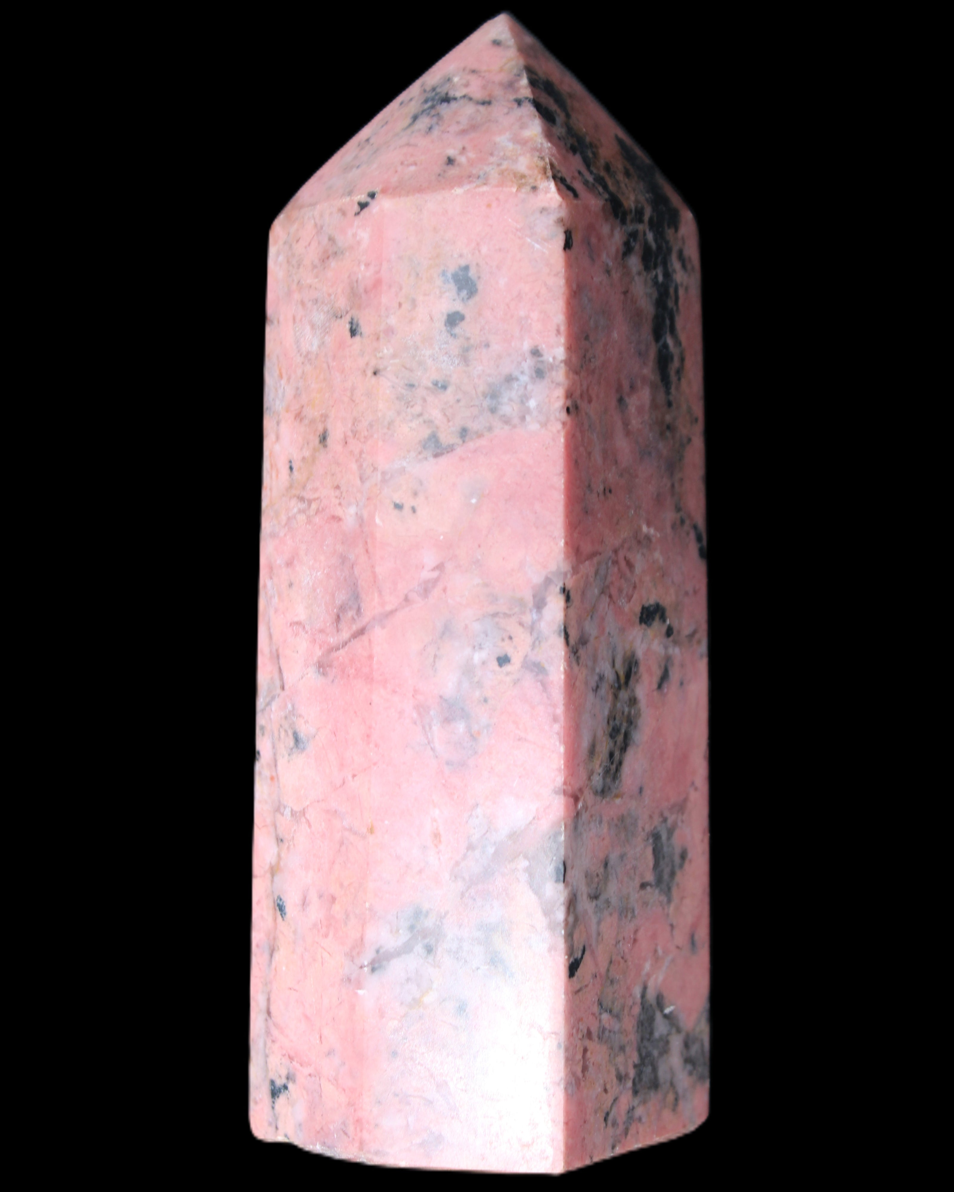 Peach Blossom Stone Rhodonite obelisk 505g in sunlight - Rocks and Things Store