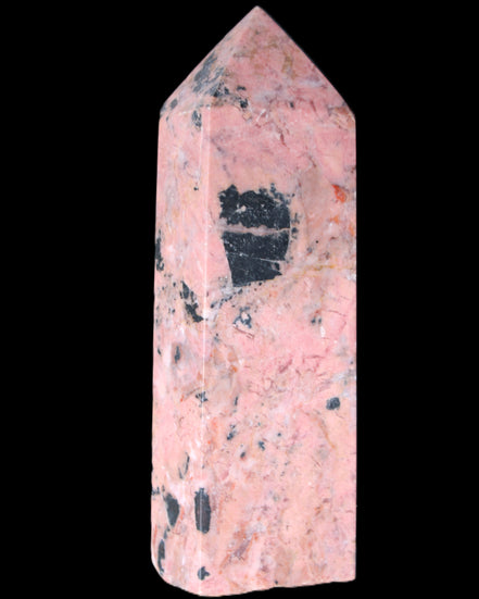 Peach Blossom Stone Rhodonite obelisk 505g in sunlight - Rocks and Things Store