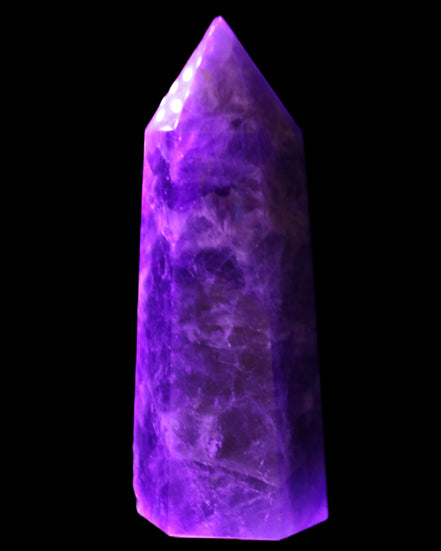 Amethyst obelisk 830g in UV light - Rocks and Things Store