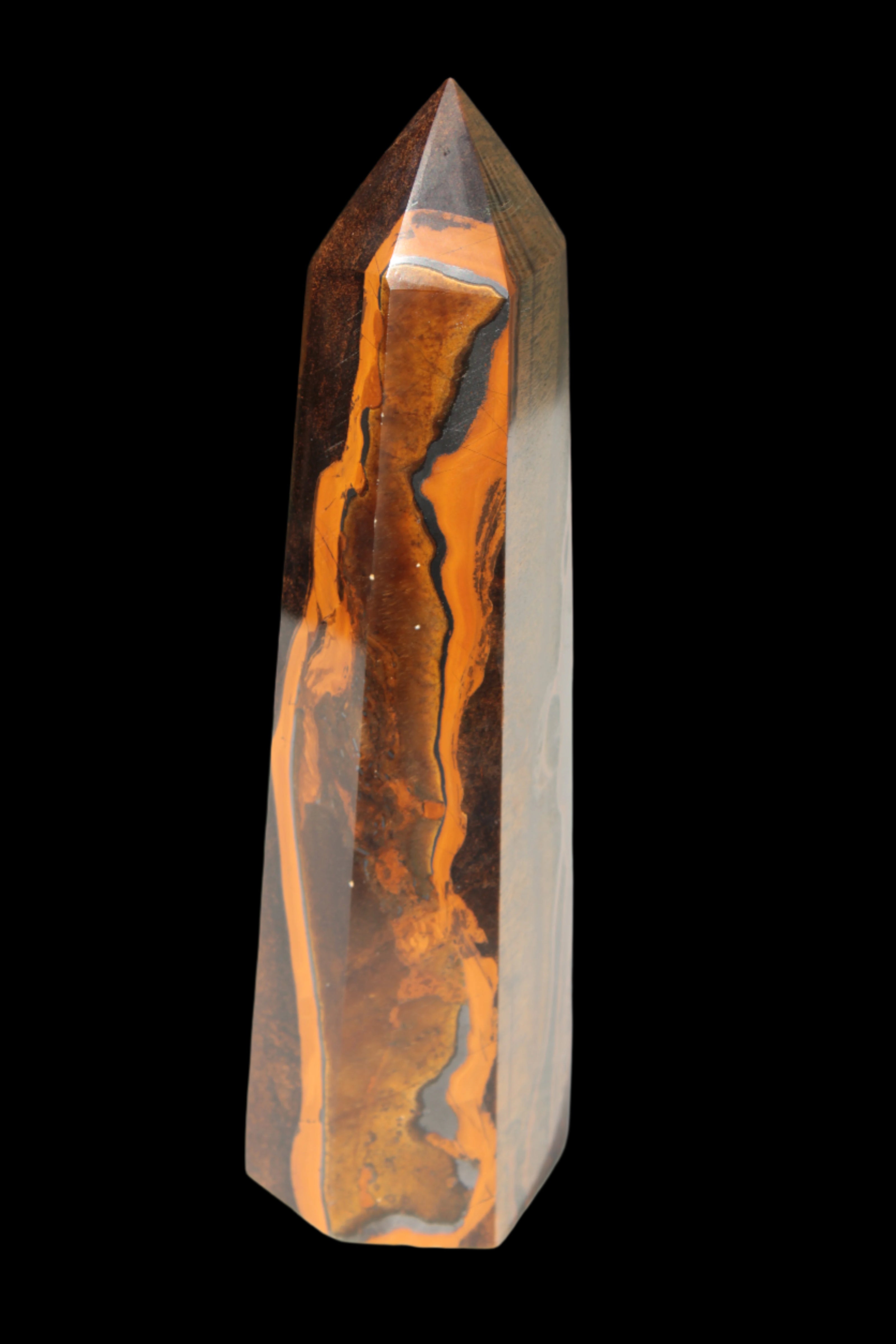 Tigers Eye Obelisk 1150g in sunlight, Rocks and Things Store