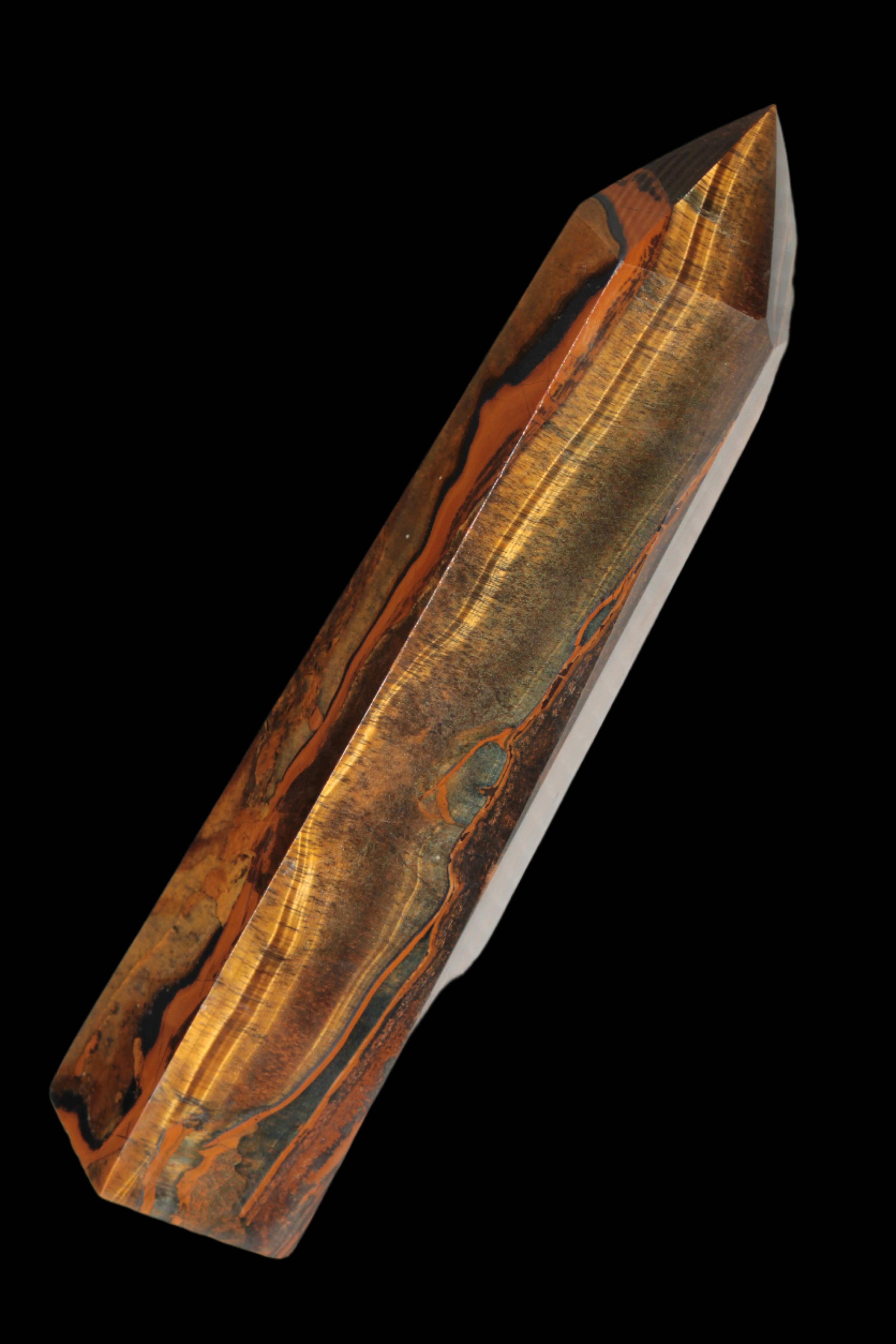 Tigers Eye Obelisk 1150g in sunlight, Rocks and Things Store