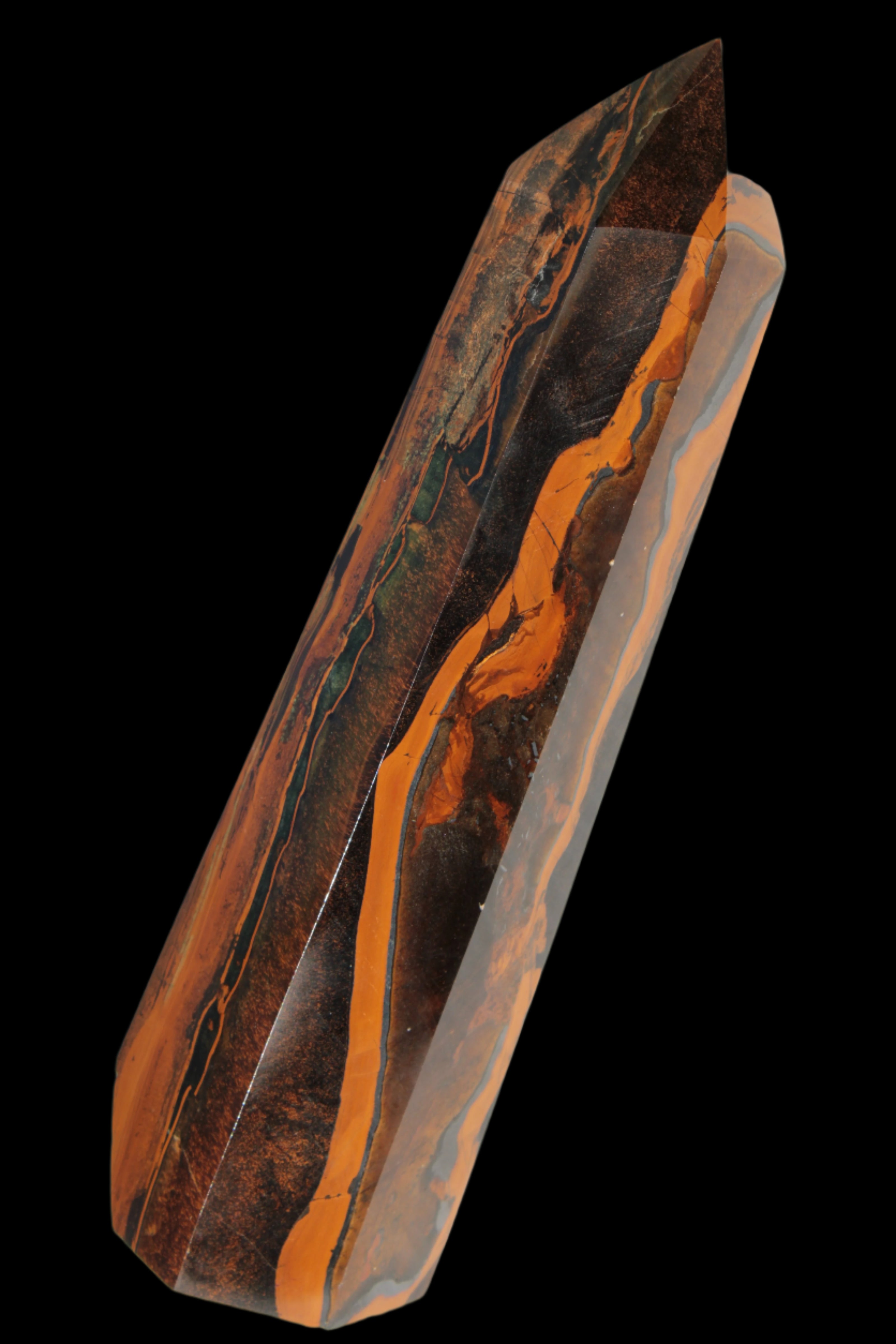 Tigers Eye Obelisk 1150g in sunlight, Rocks and Things Store