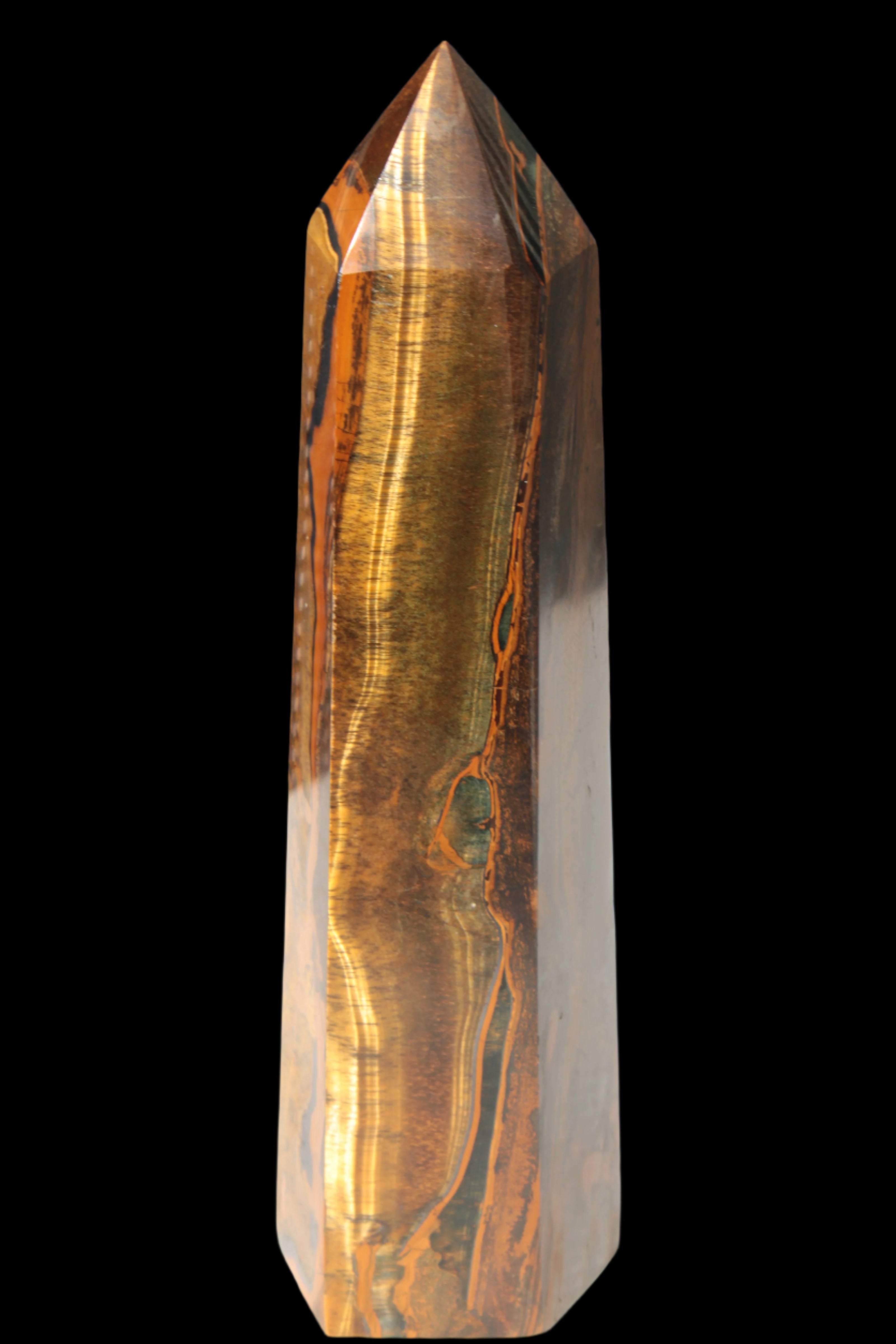 Tigers Eye Obelisk 1150g in sunlight, Rocks and Things Store