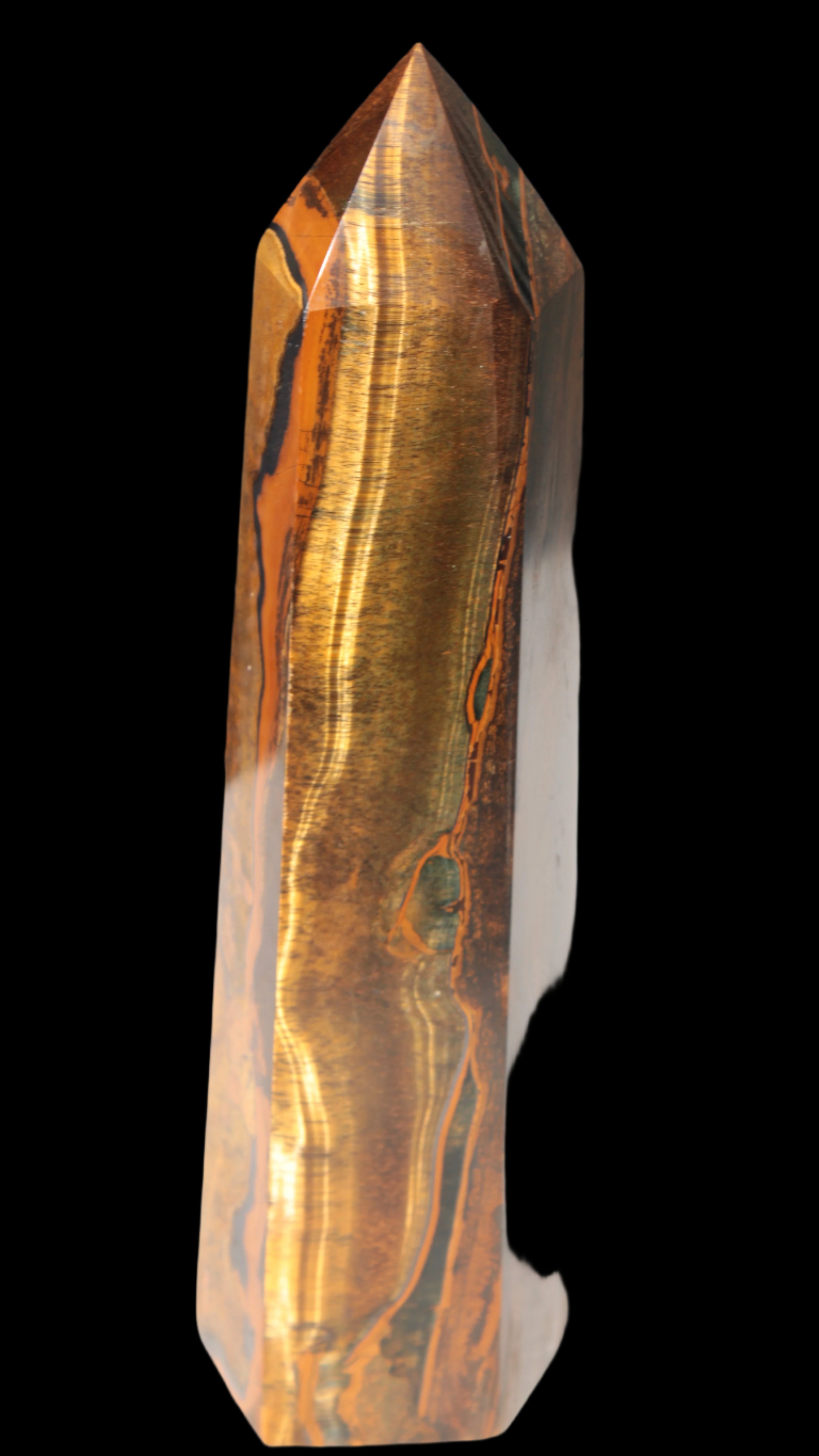 Tigers Eye Obelisk 1150g in sunlight, Rocks and Things Store
