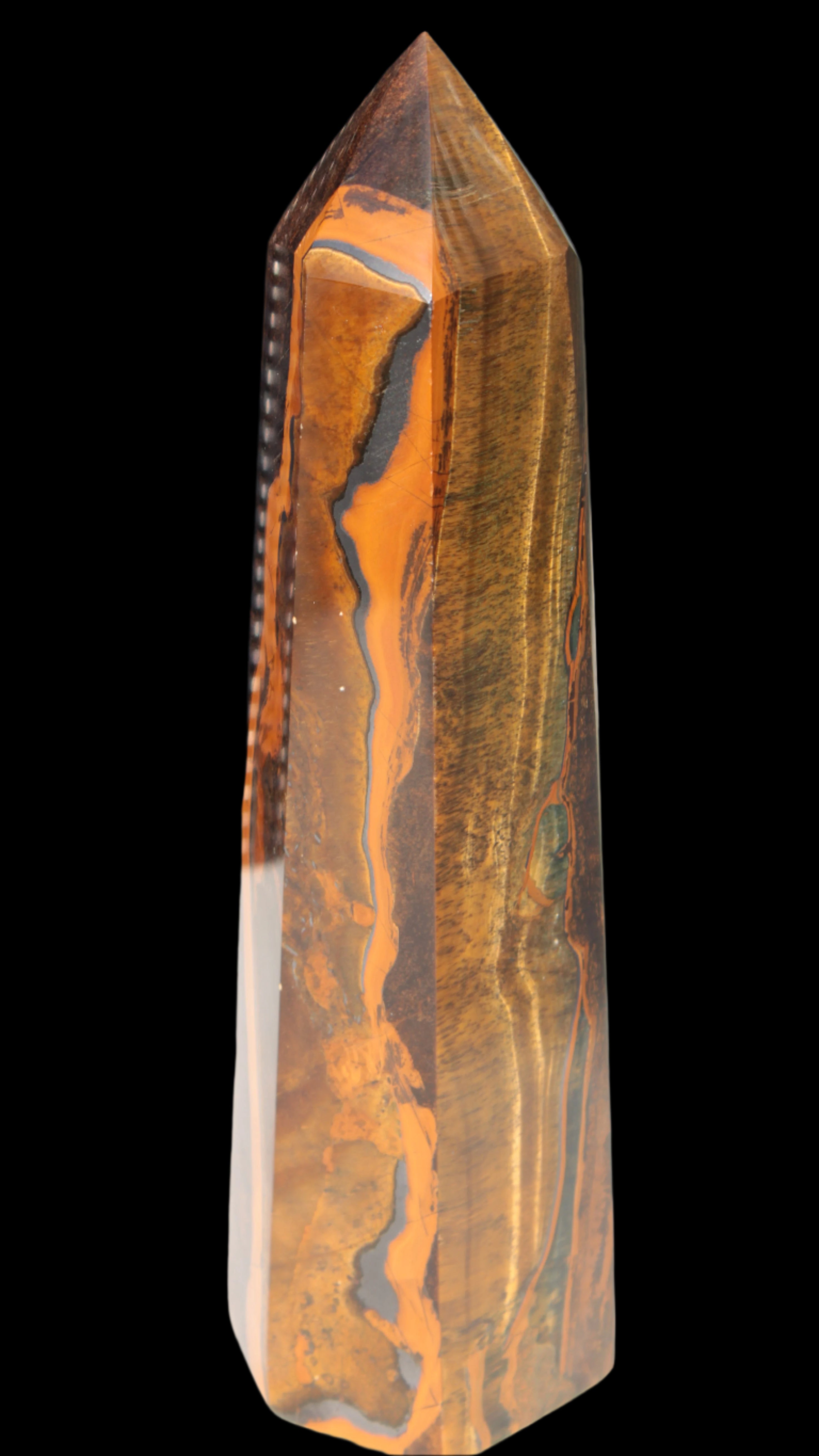 Tigers Eye Obelisk 1150g in sunlight, Rocks and Things Store