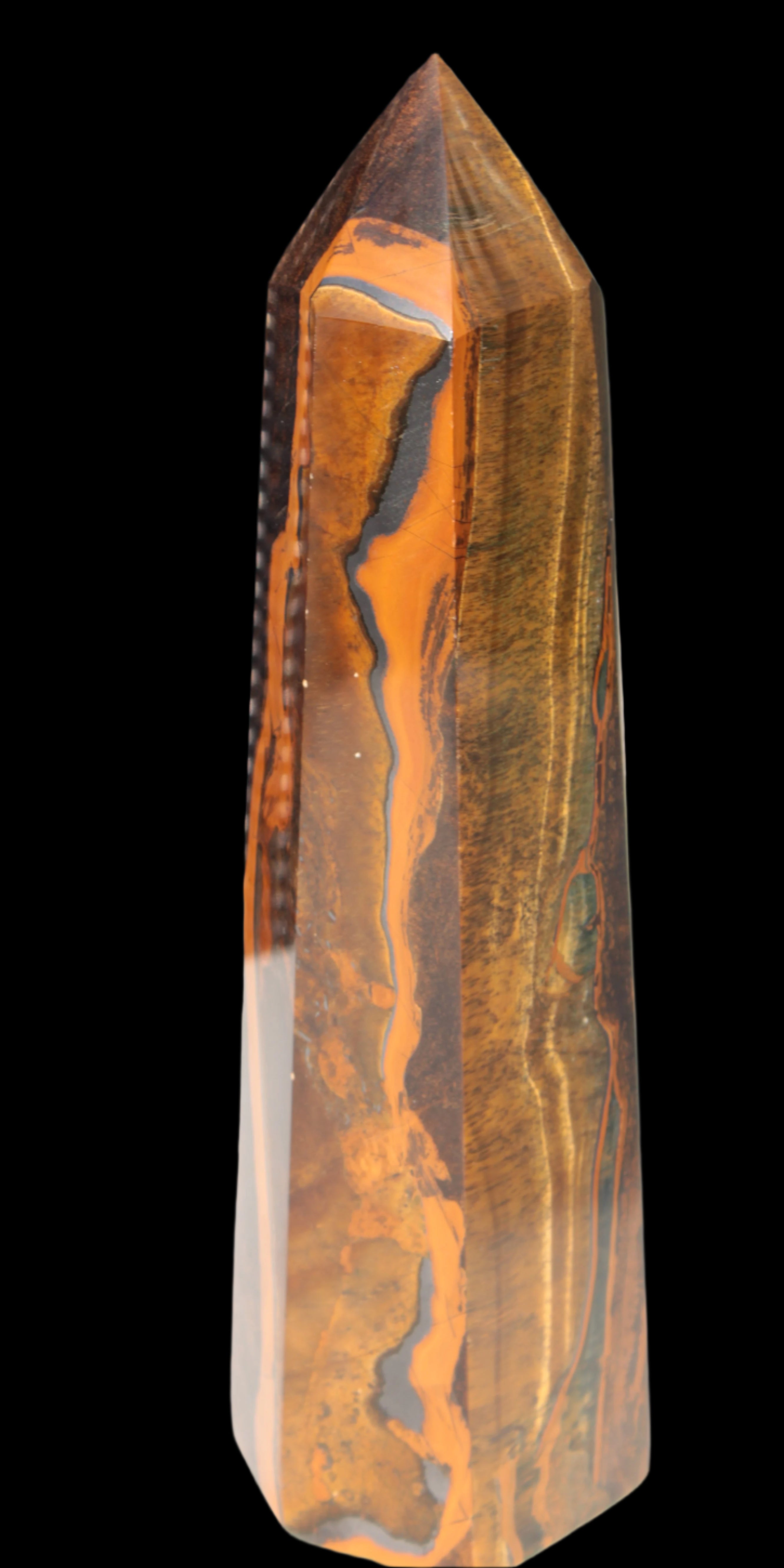 Tigers Eye Obelisk 1150g in sunlight, Rocks and Things Store