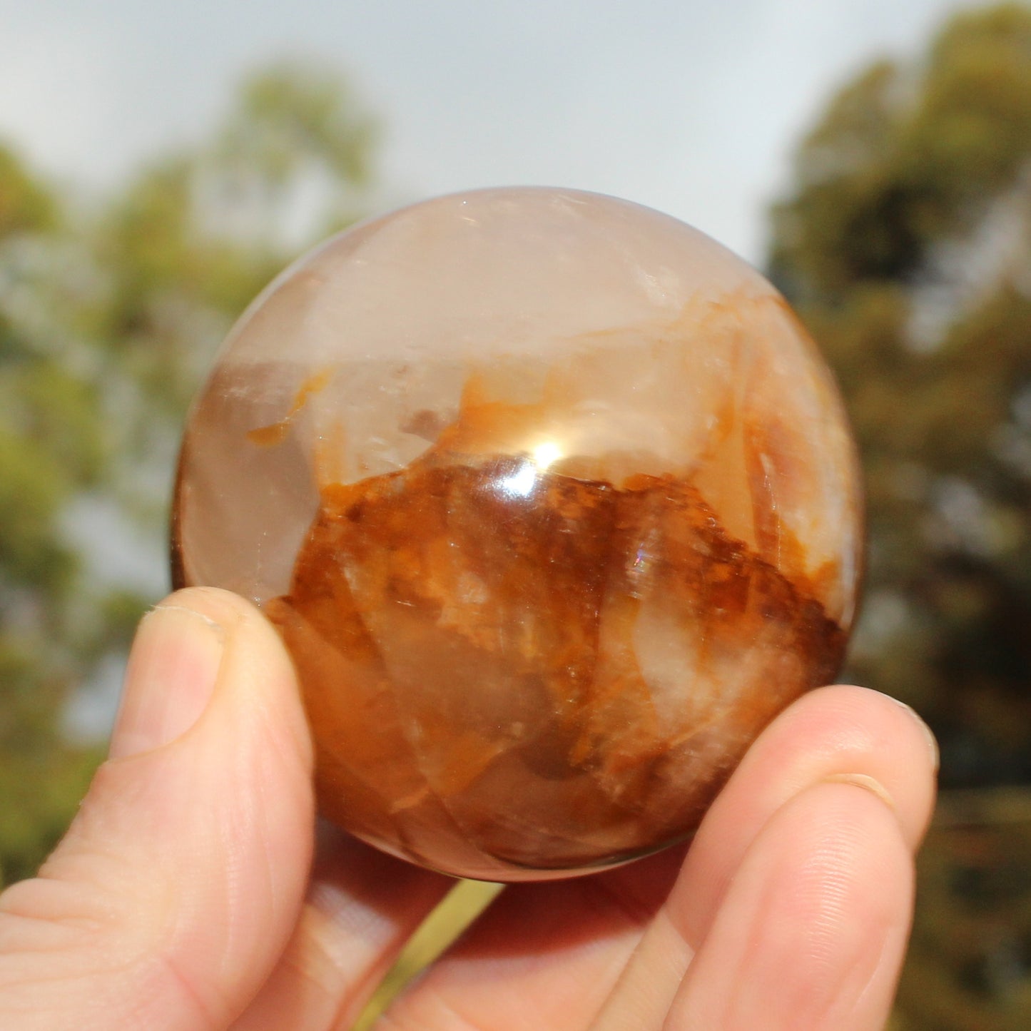 Hematoid Yellow Fire quartz sphere 298g Rocks and Things
