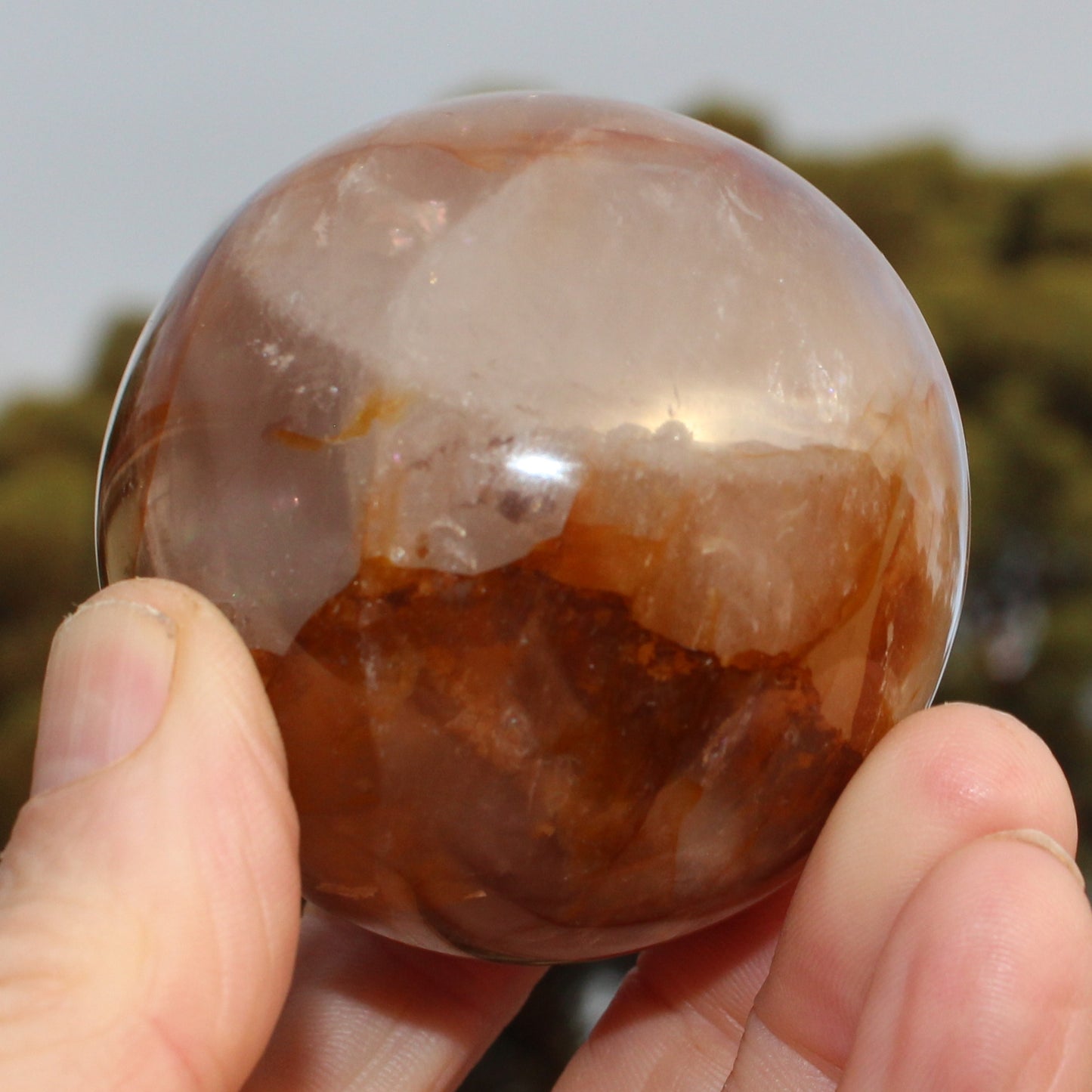 Hematoid Yellow Fire quartz sphere 298g Rocks and Things