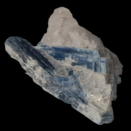 Kyanite blade cluster on clear Quartz 315g in sunlight - Rocks and Things Store