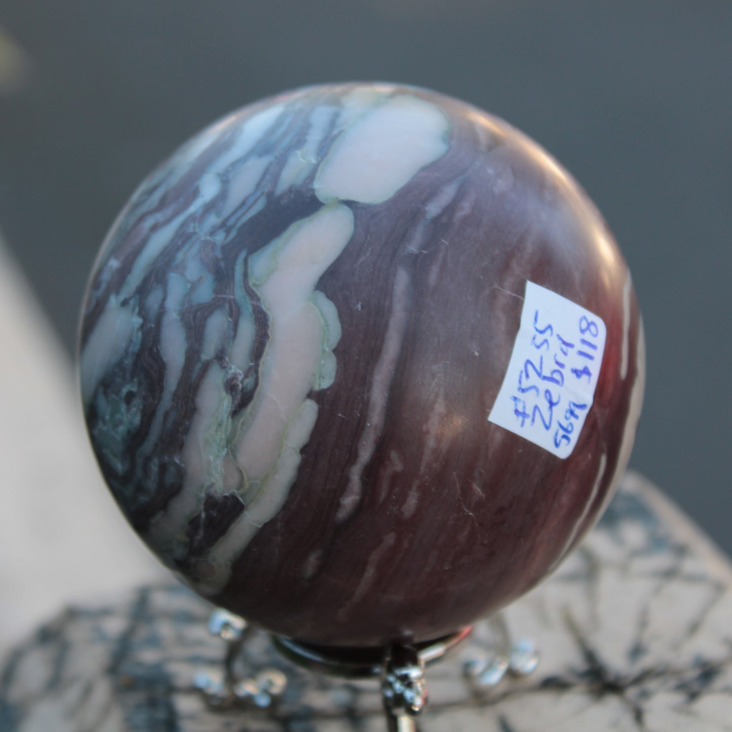 Zebra Stone Jasper sphere 569g Rocks and Things