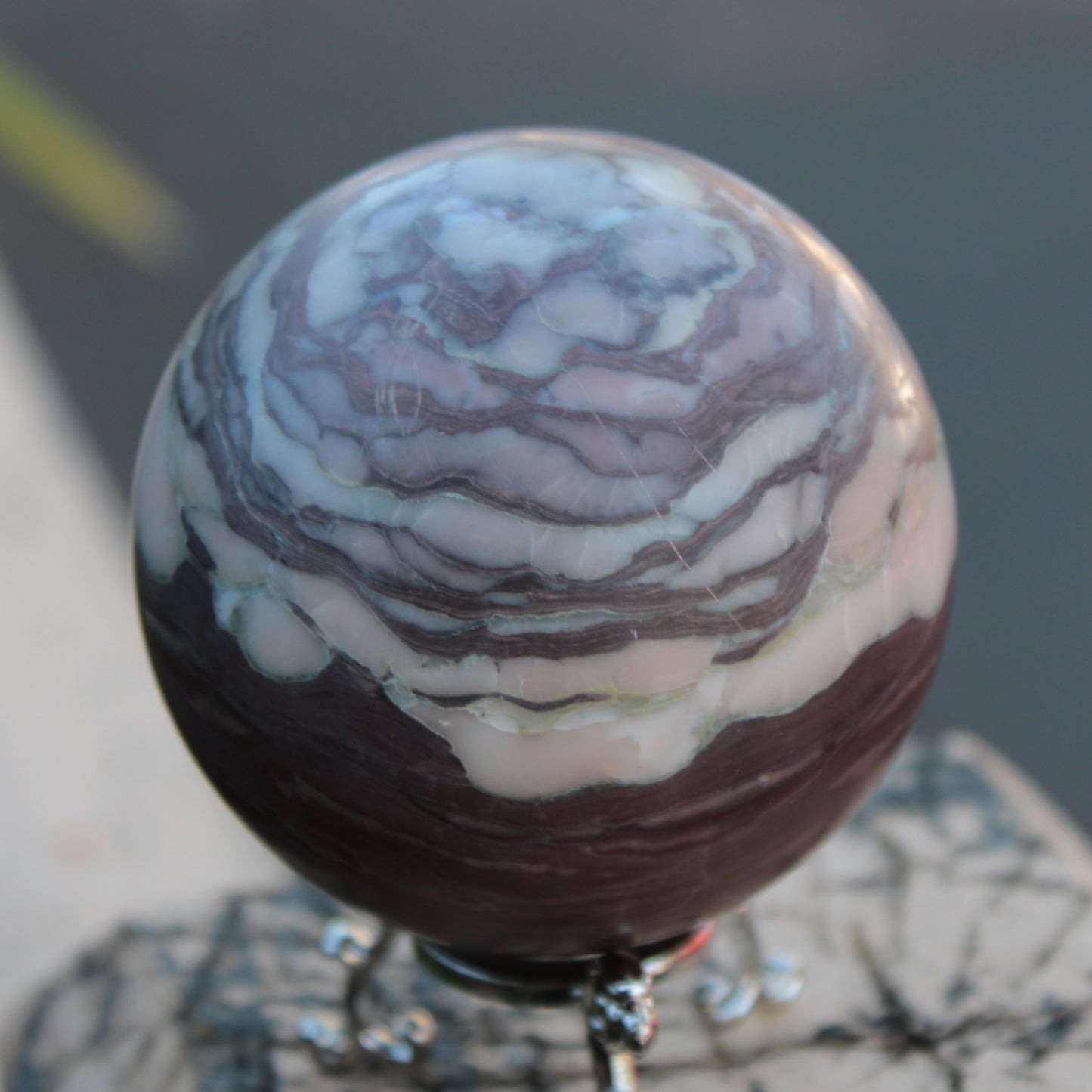 Zebra Stone Jasper sphere 569g Rocks and Things