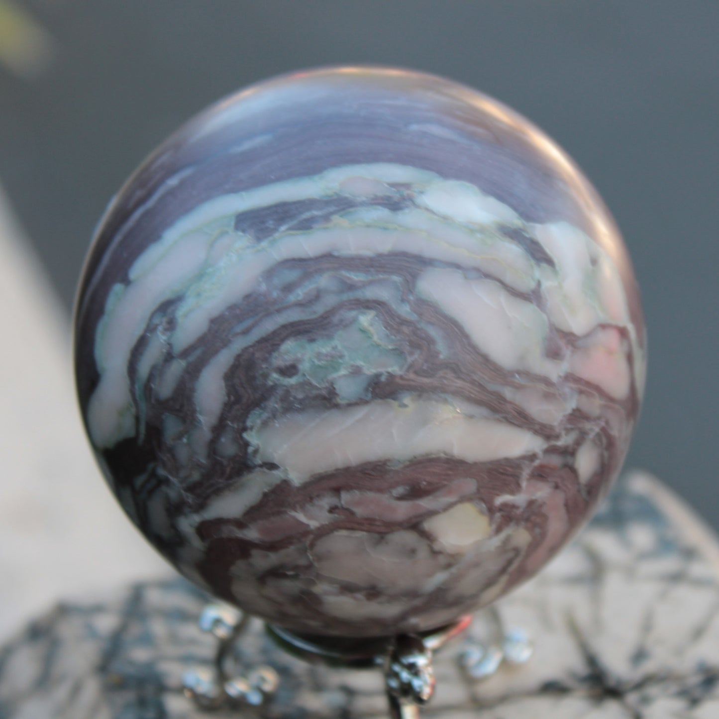 Zebra Stone Jasper sphere 569g Rocks and Things