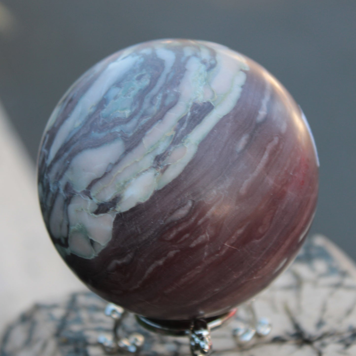 Zebra Stone Jasper sphere 569g Rocks and Things