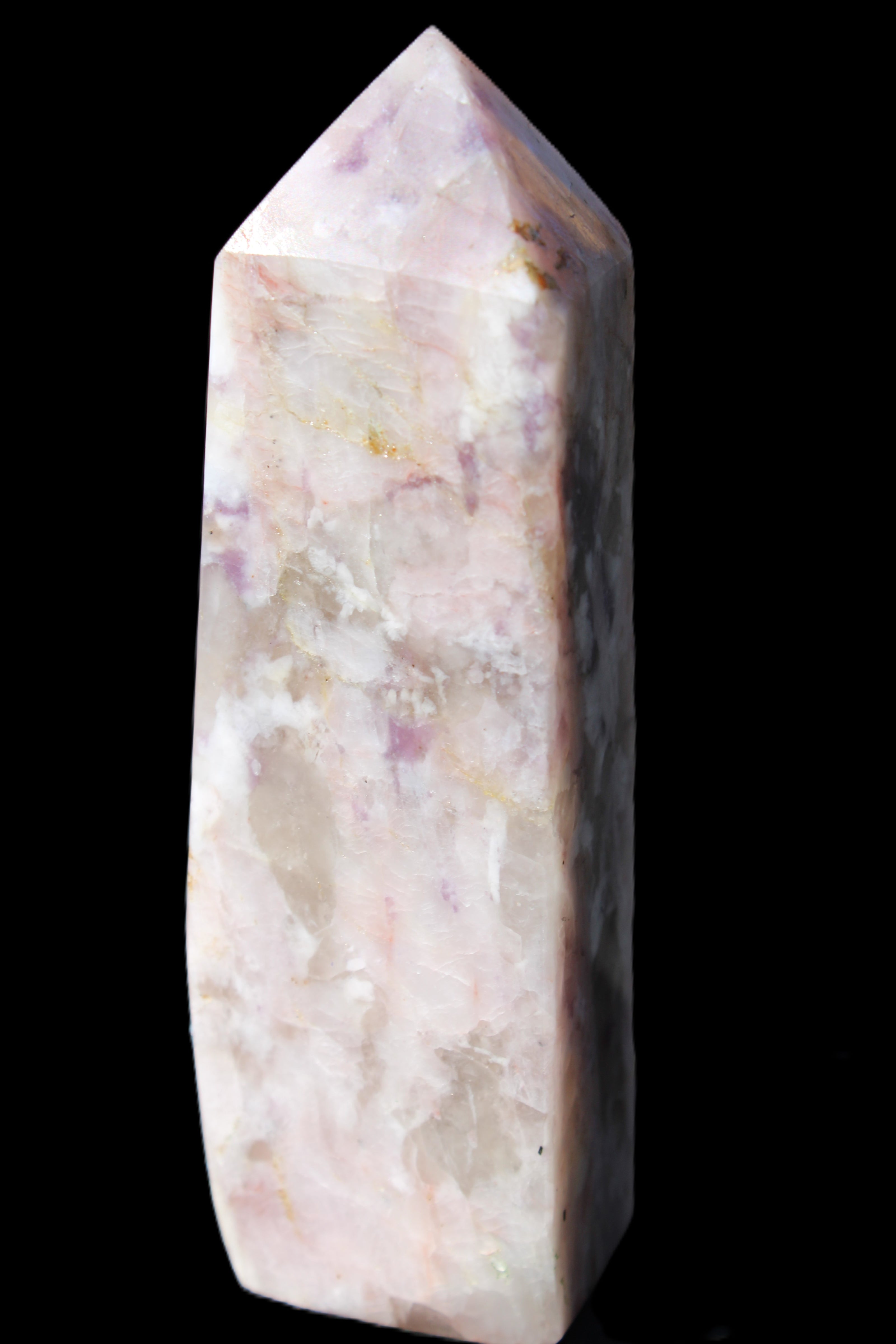 Cherry Blossom Pink Tourmaline and Quartz obelisk 115mm 244g in sunlight - Rocks and Things Store