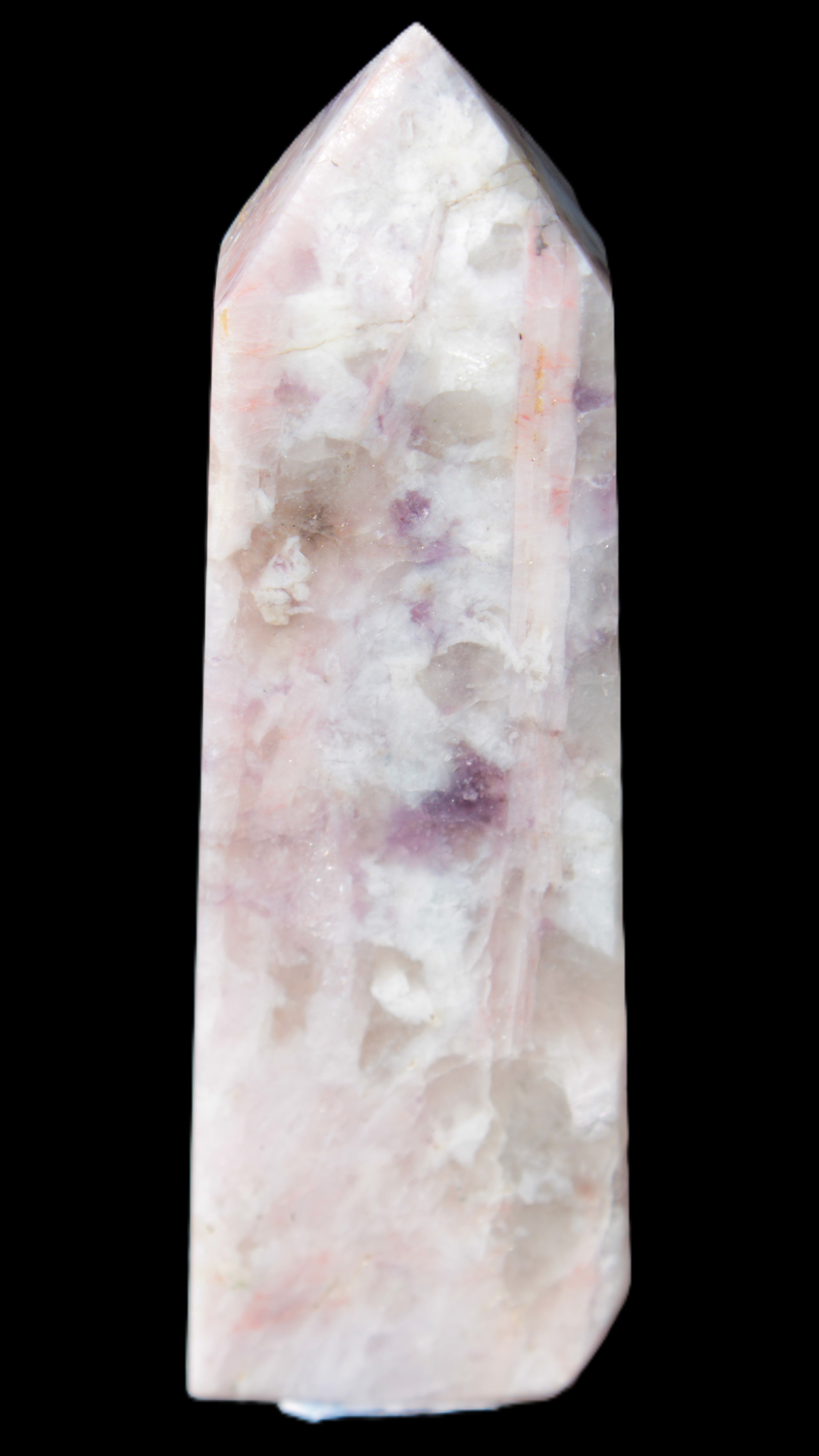 Cherry Blossom Pink Tourmaline and Quartz obelisk 115mm 244g in sunlight - Rocks and Things Store