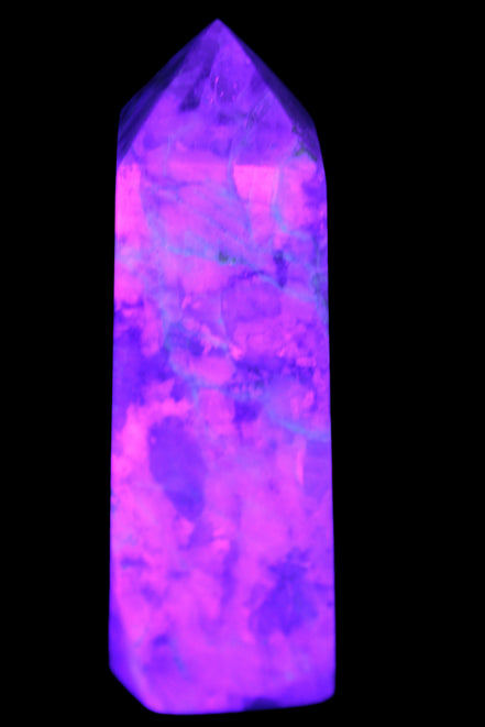 Cherry Blossom Pink Tourmaline and Quartz obelisk 115mm 244g in UV light - Rocks and Things Store