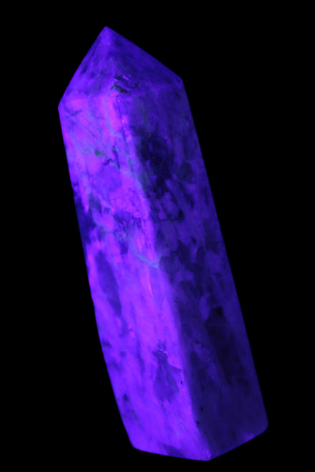 Cherry Blossom Pink Tourmaline and Quartz obelisk 115mm 244g in UV light - Rocks and Things Store