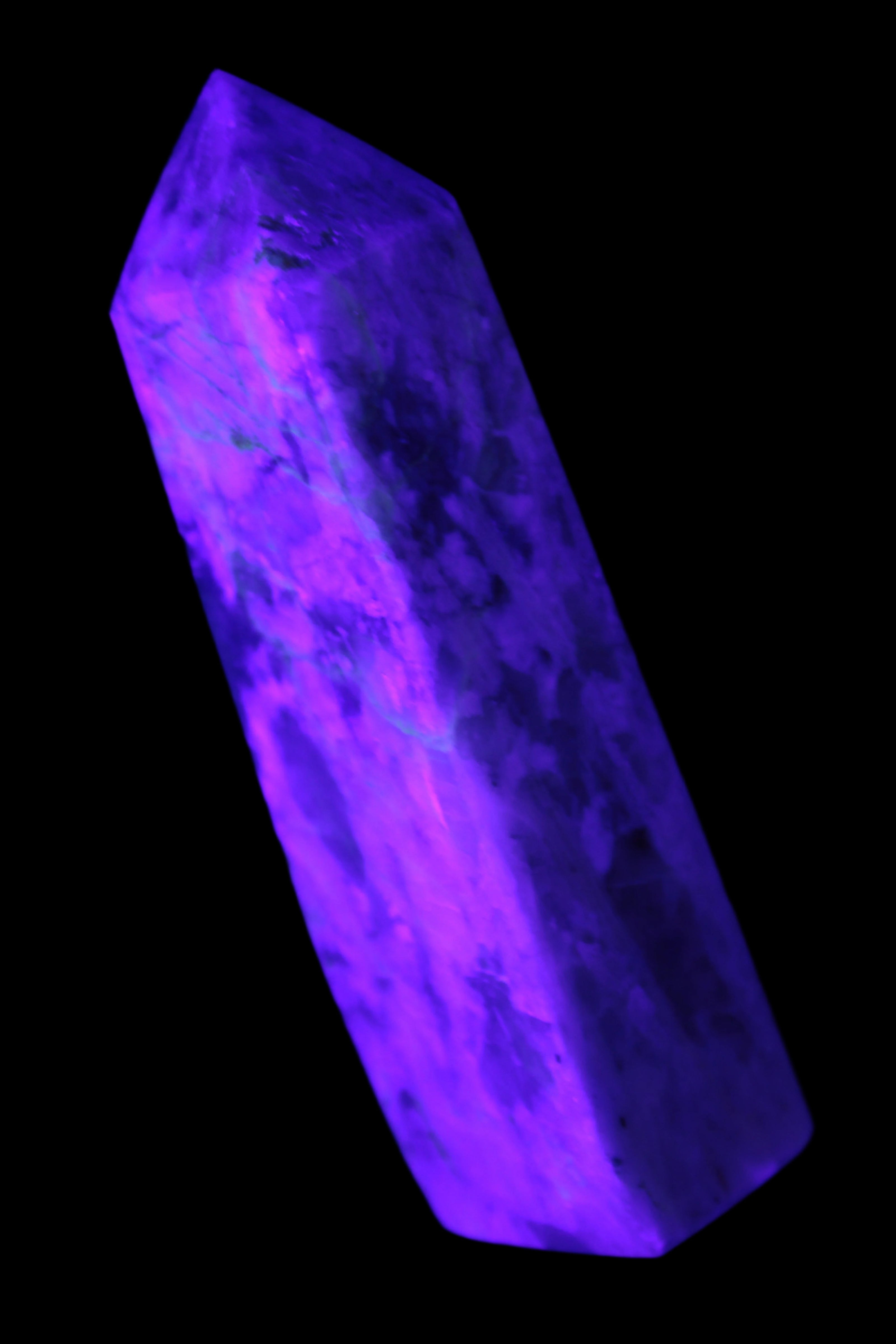 Cherry Blossom Pink Tourmaline and Quartz obelisk 115mm 244g in UV light - Rocks and Things Store