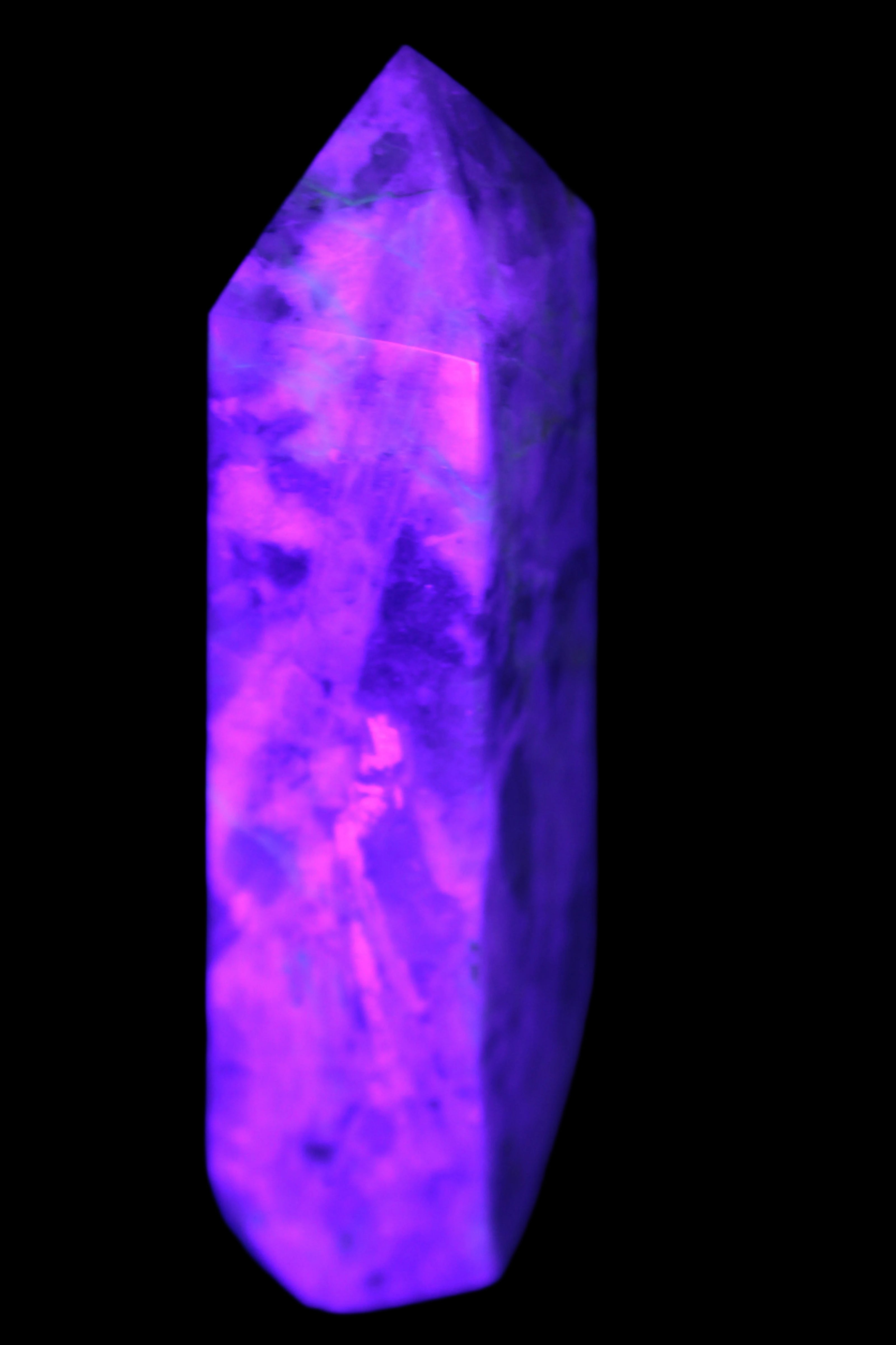 Cherry Blossom Pink Tourmaline and Quartz obelisk 115mm 244g in UV light - Rocks and Things Store
