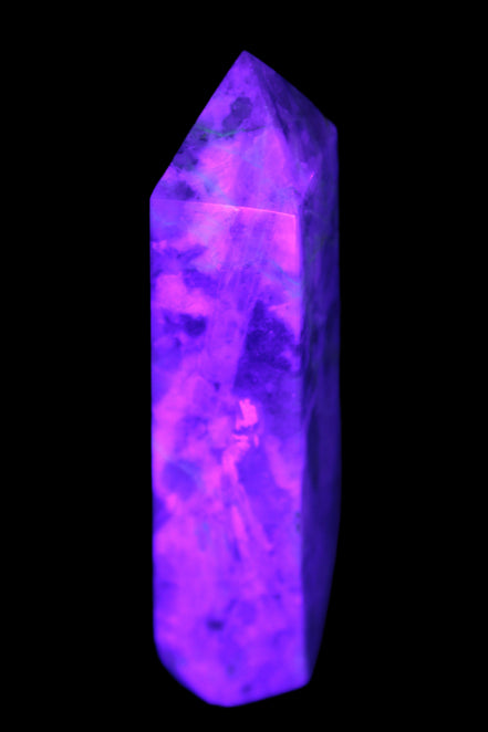 Cherry Blossom Pink Tourmaline and Quartz obelisk 115mm 244g in UV light - Rocks and Things Store