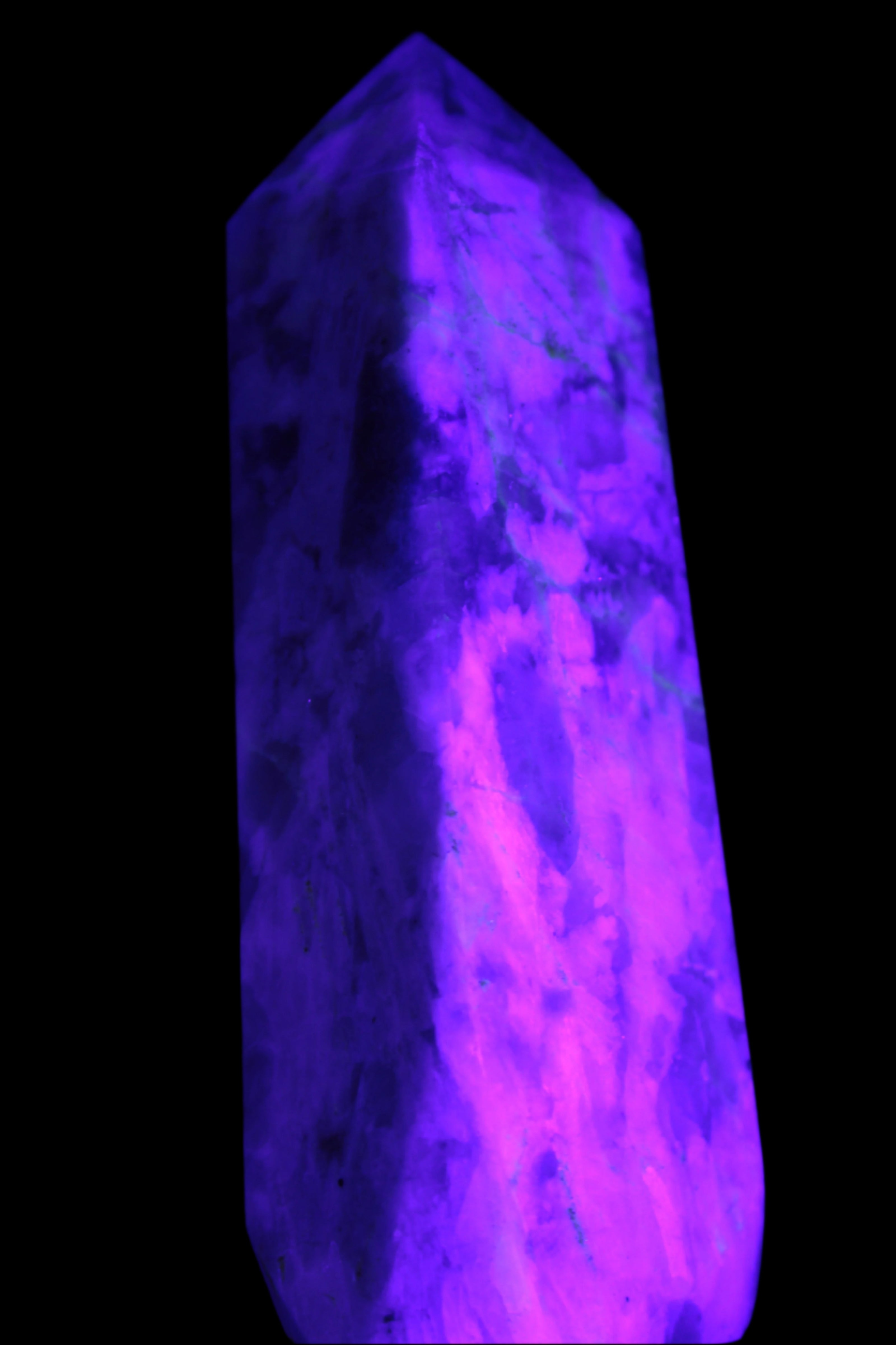 Cherry Blossom Pink Tourmaline and Quartz obelisk 115mm 244g in UV light - Rocks and Things Store