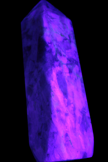 Cherry Blossom Pink Tourmaline and Quartz obelisk 115mm 244g in UV light - Rocks and Things Store