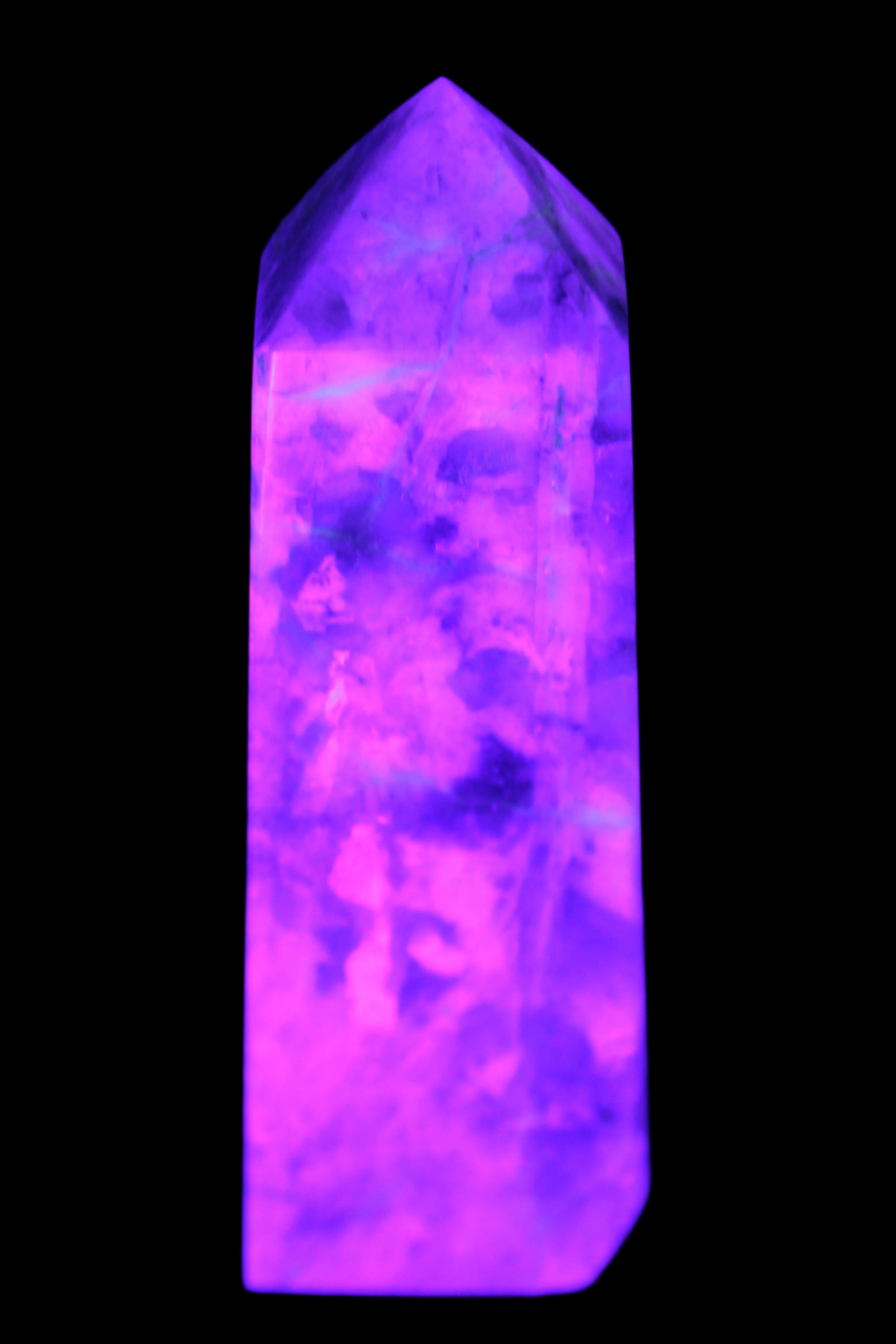 Cherry Blossom Pink Tourmaline and Quartz obelisk 115mm 244g in UV light - Rocks and Things Store