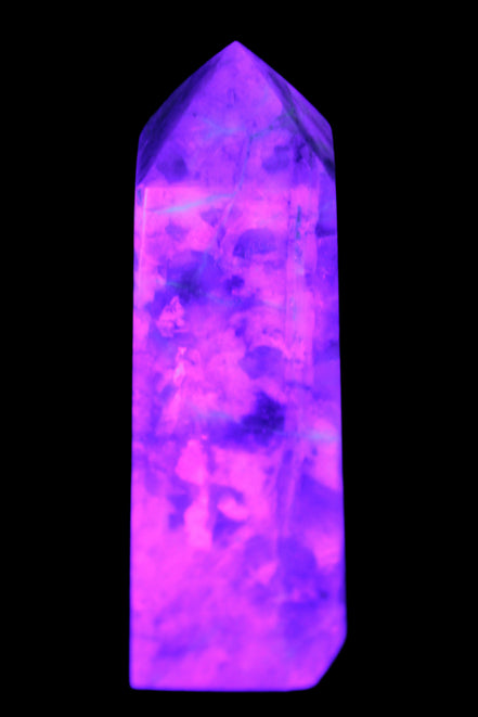 Cherry Blossom Pink Tourmaline and Quartz obelisk 115mm 244g in UV light - Rocks and Things Store