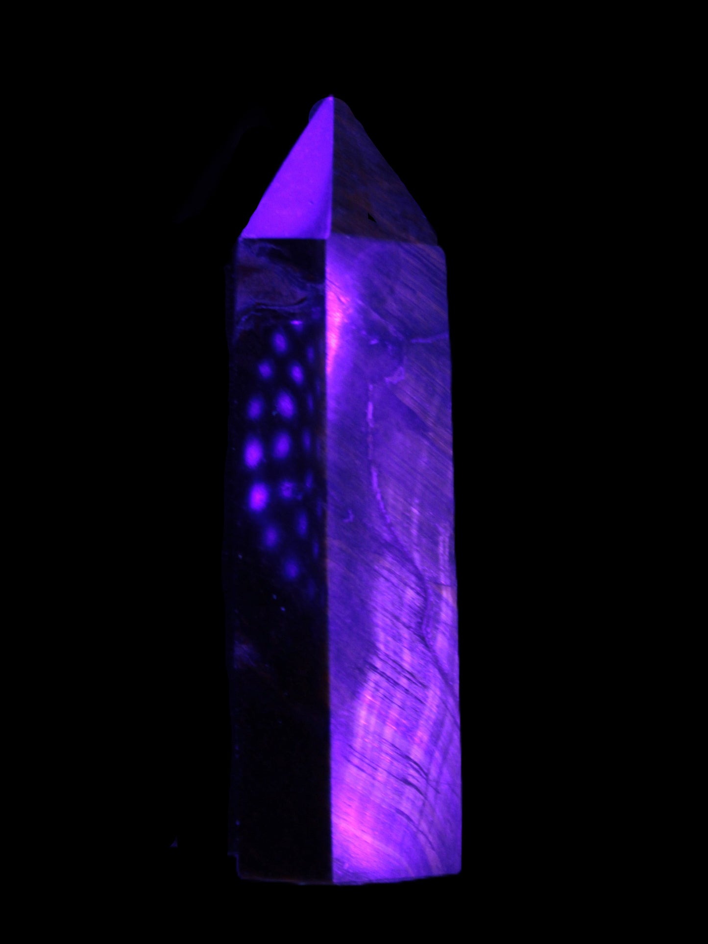Blue Tigers Eye wand 68mm 67.9g in UV light - Rocks and Things Store