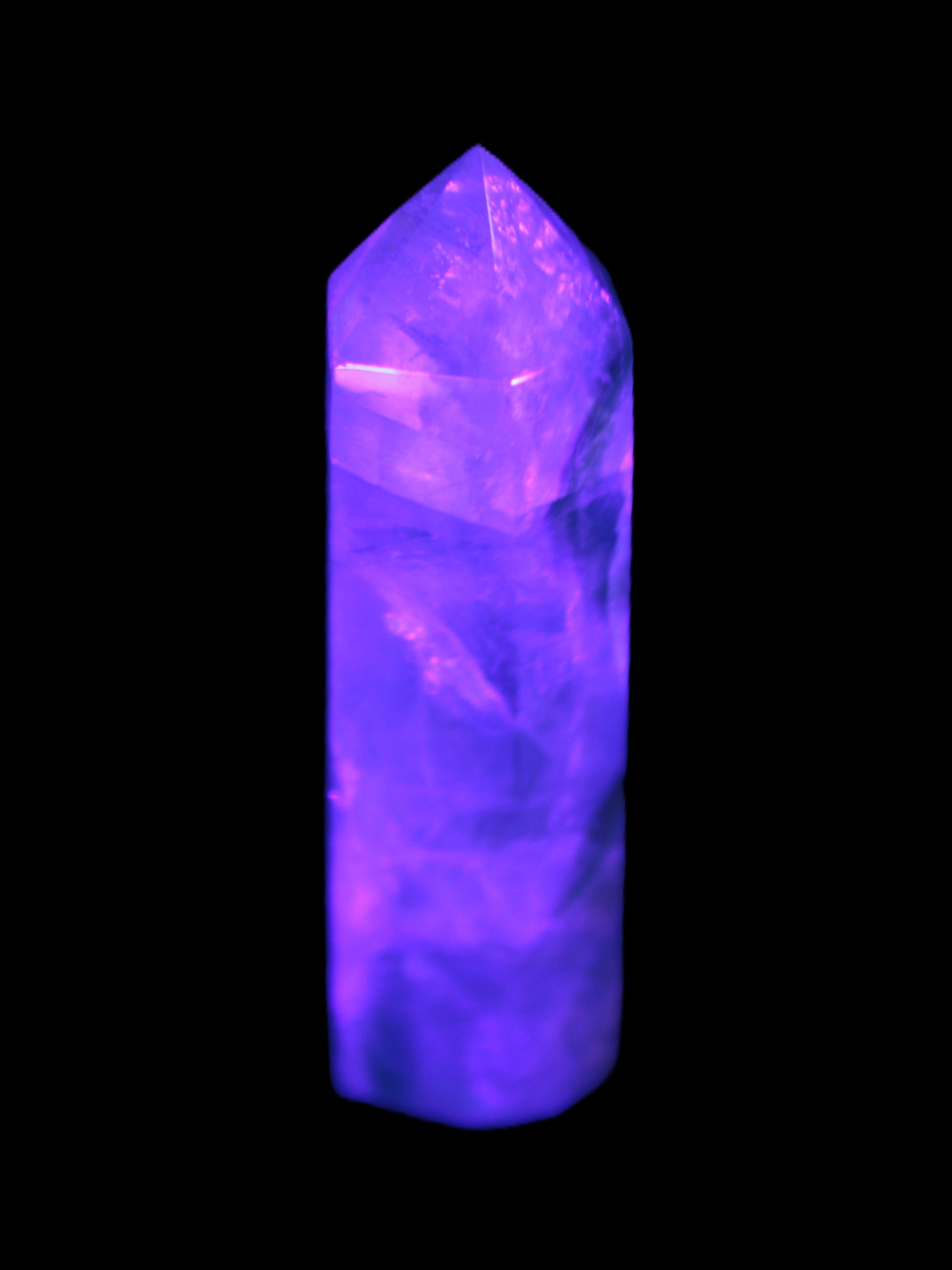 Green and Blue Fluorite obelisk 30*35*112mm 250g in UV light - Rocks and Things Store