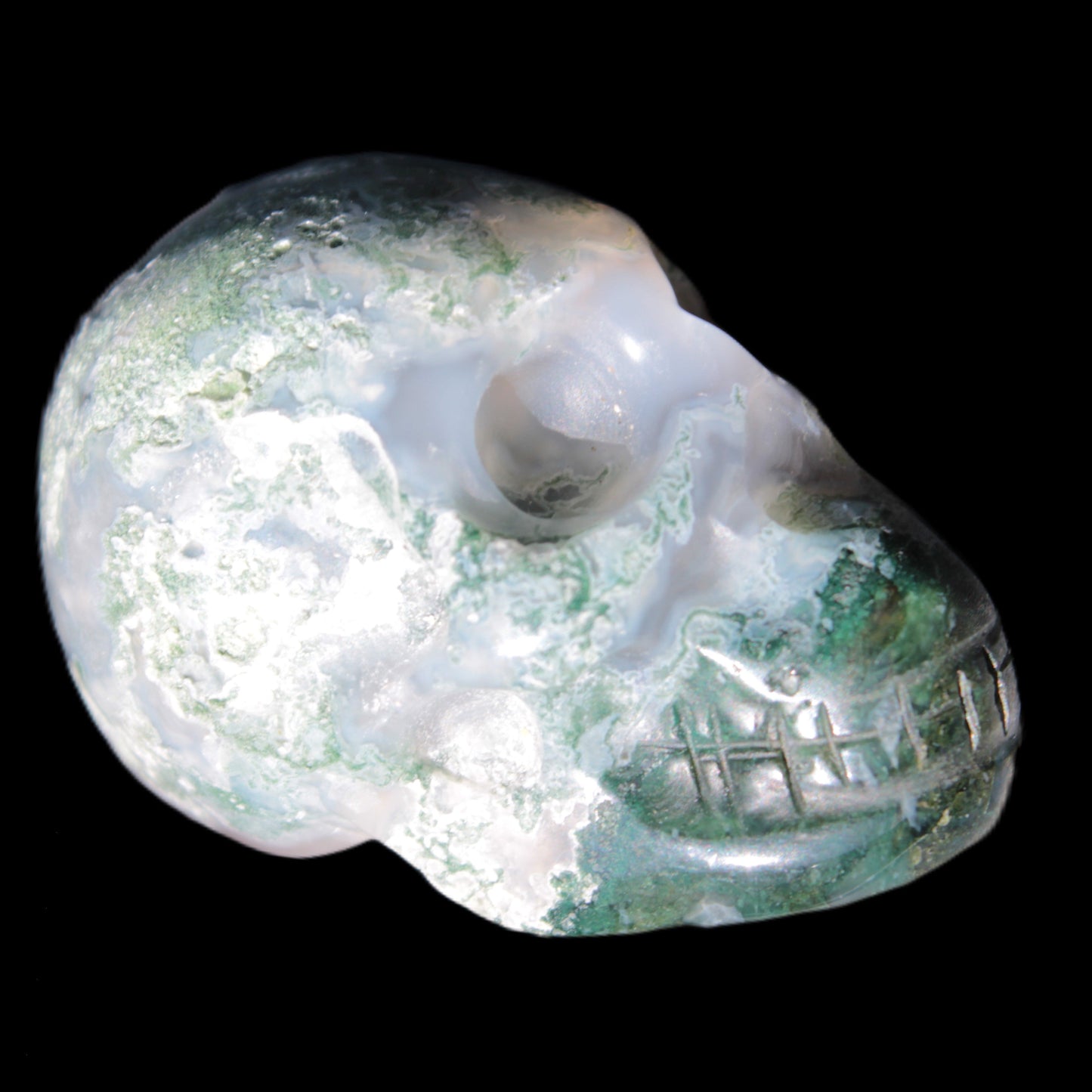 Moss Agate skull 47*30*32mm 57g in sunshine - Rocks and Things Store