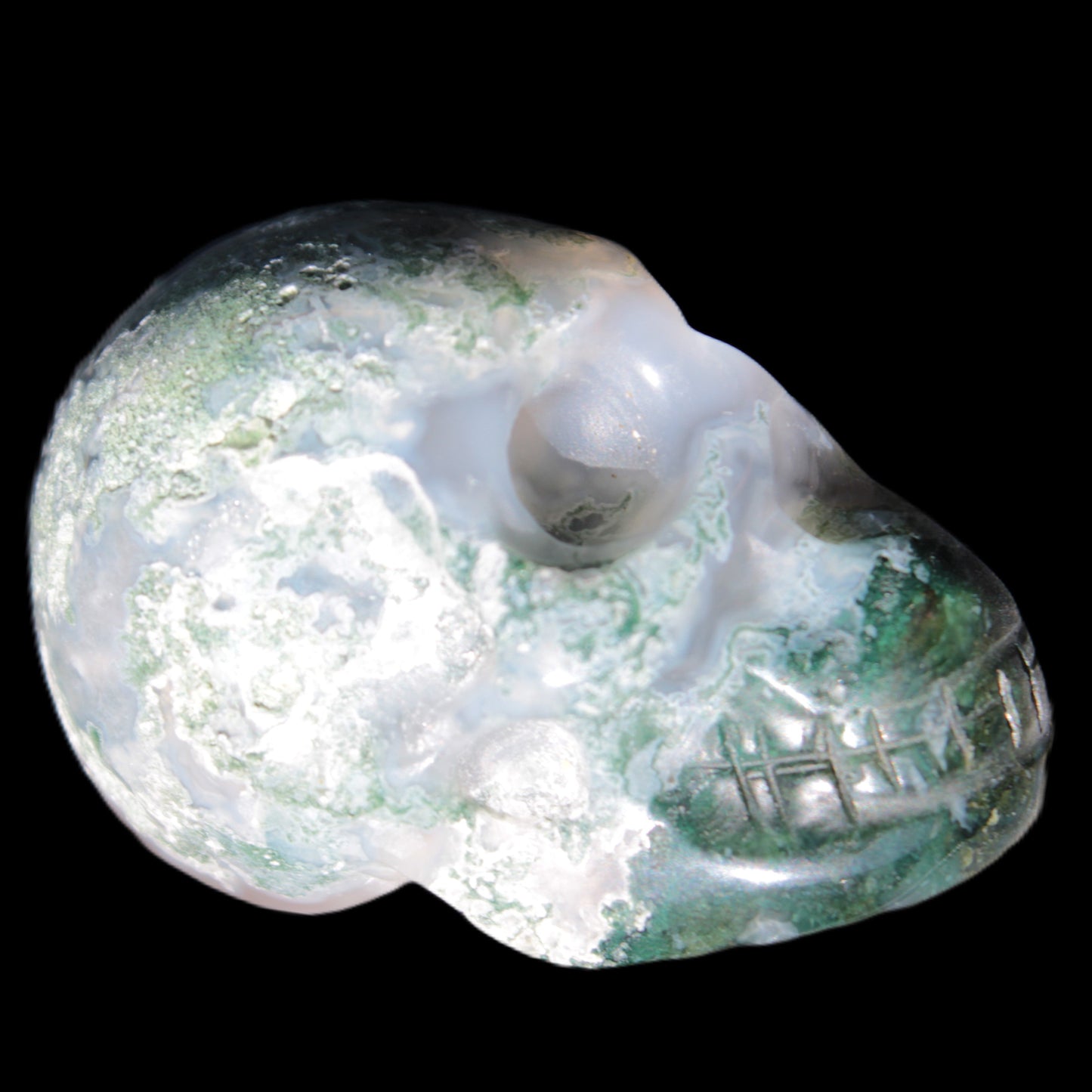 Moss Agate skull 47*30*32mm 57g in sunshine - Rocks and Things Store