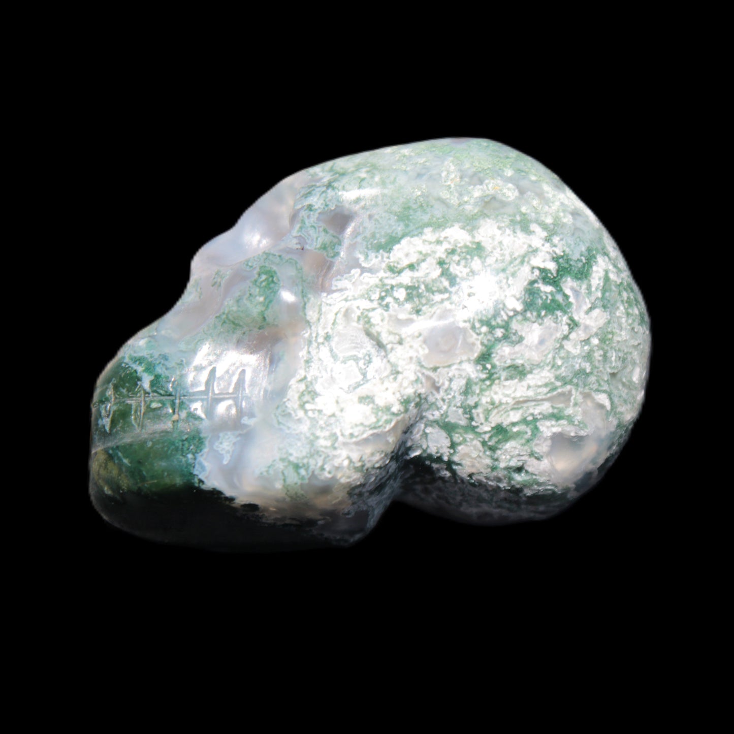 Moss Agate skull 47*30*32mm 57g in sunshine - Rocks and Things Store