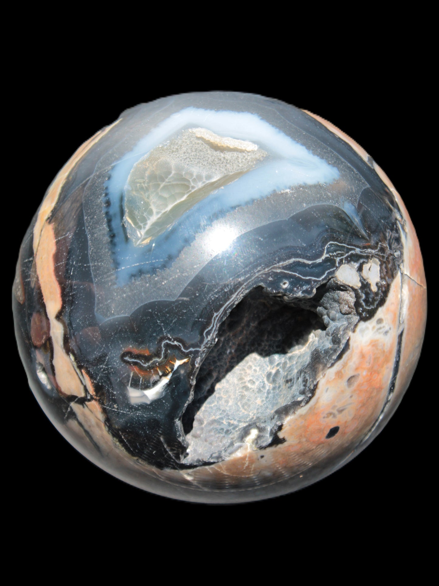 Volcano Agate sphere 119mm 2167g in sunlight - Rocks and Things Store