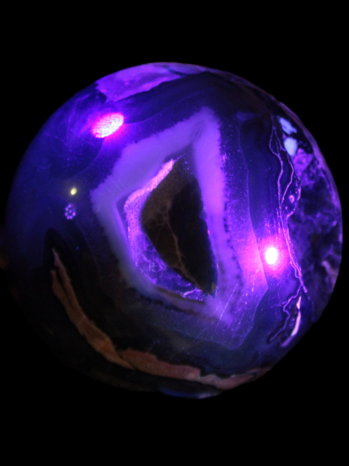 Volcano Agate sphere 119mm 2167g in UV light - Rocks and Things Store