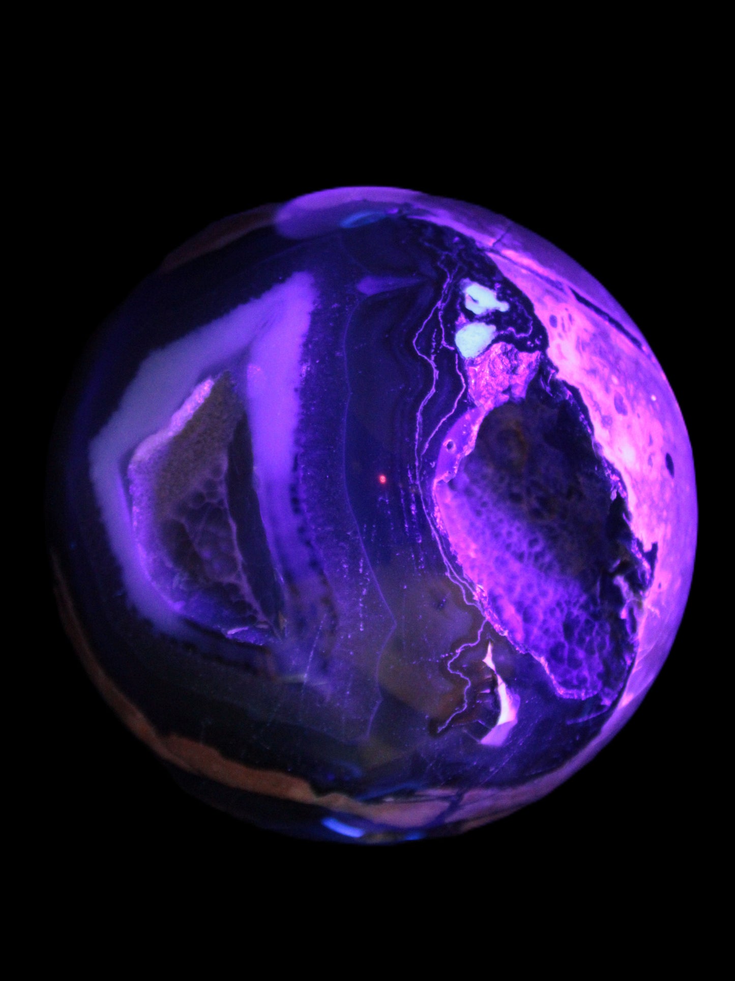 Volcano Agate sphere 119mm 2167g in UV light - Rocks and Things Store