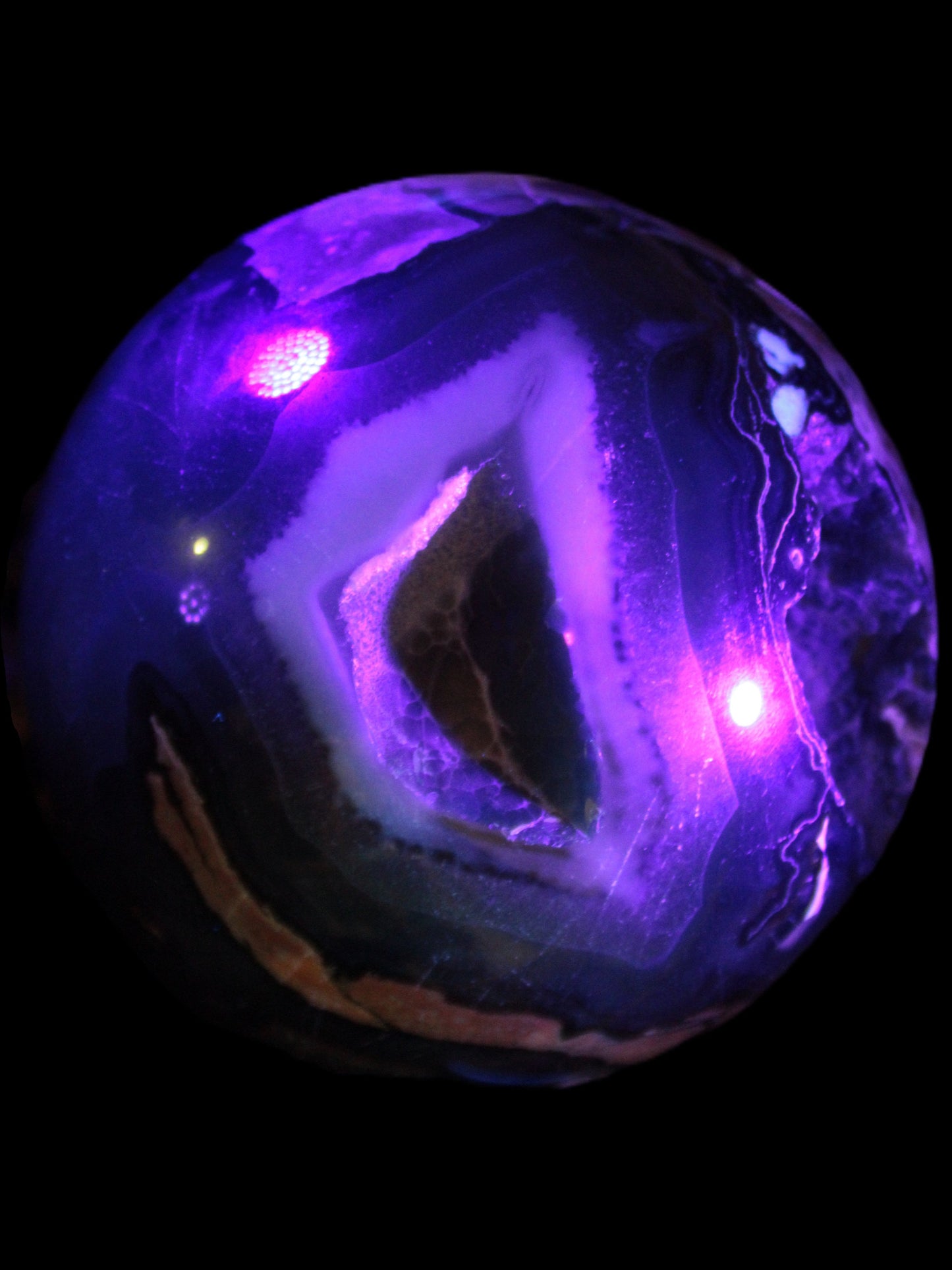 Volcano Agate sphere 119mm 2167g in UV light - Rocks and Things Store