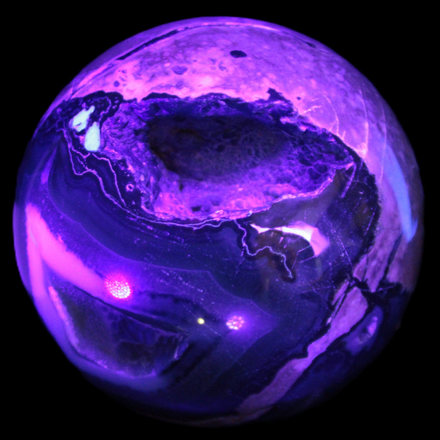 Volcano Agate sphere 119mm 2167g in UV light - Rocks and Things Store