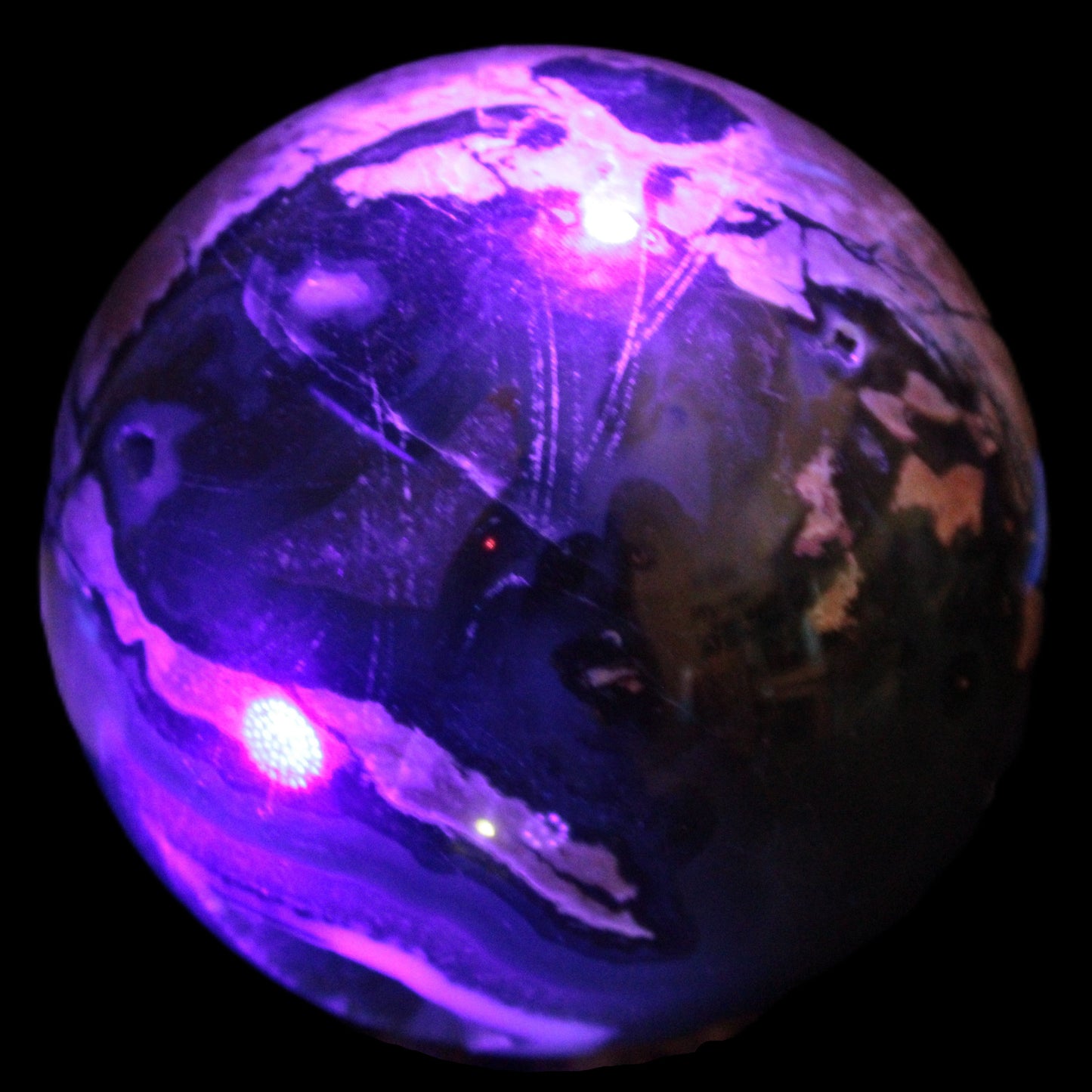Volcano Agate sphere 119mm 2167g in UV light - Rocks and Things Store
