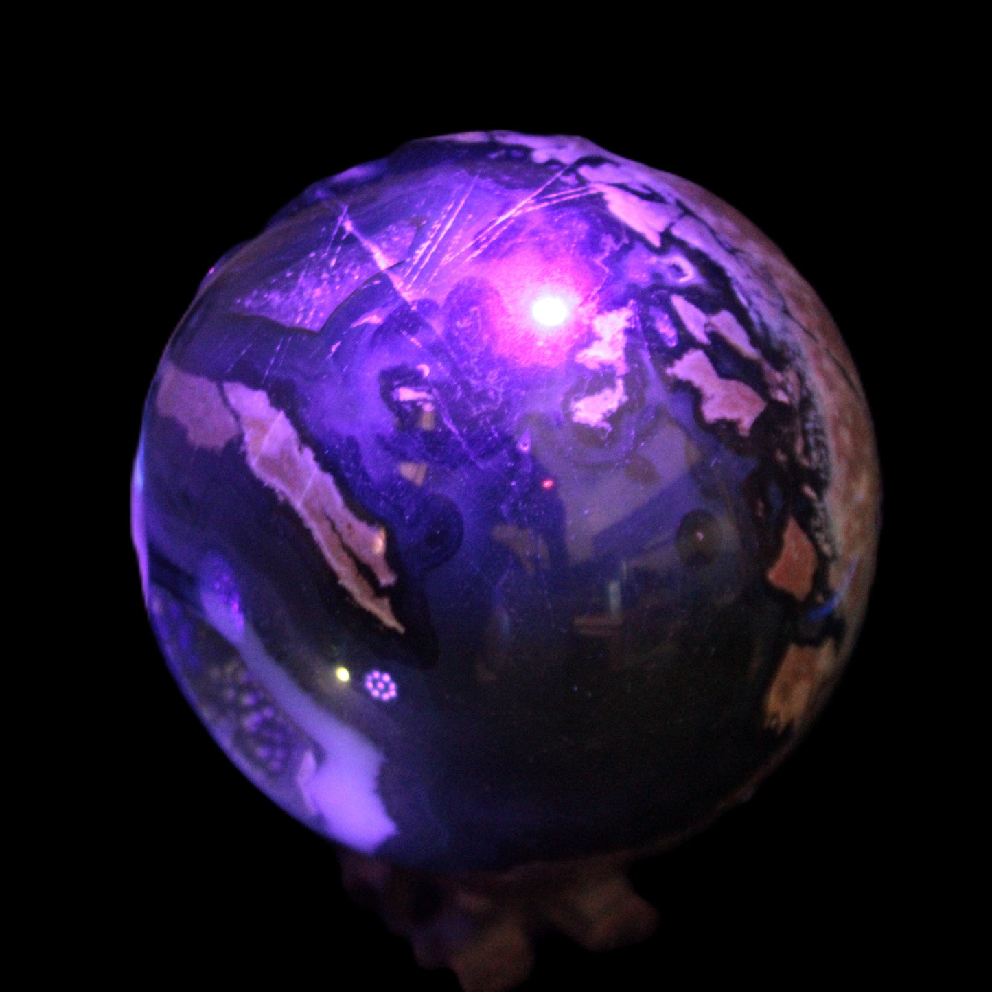 Volcano Agate sphere 119mm 2167g in UV light - Rocks and Things Store
