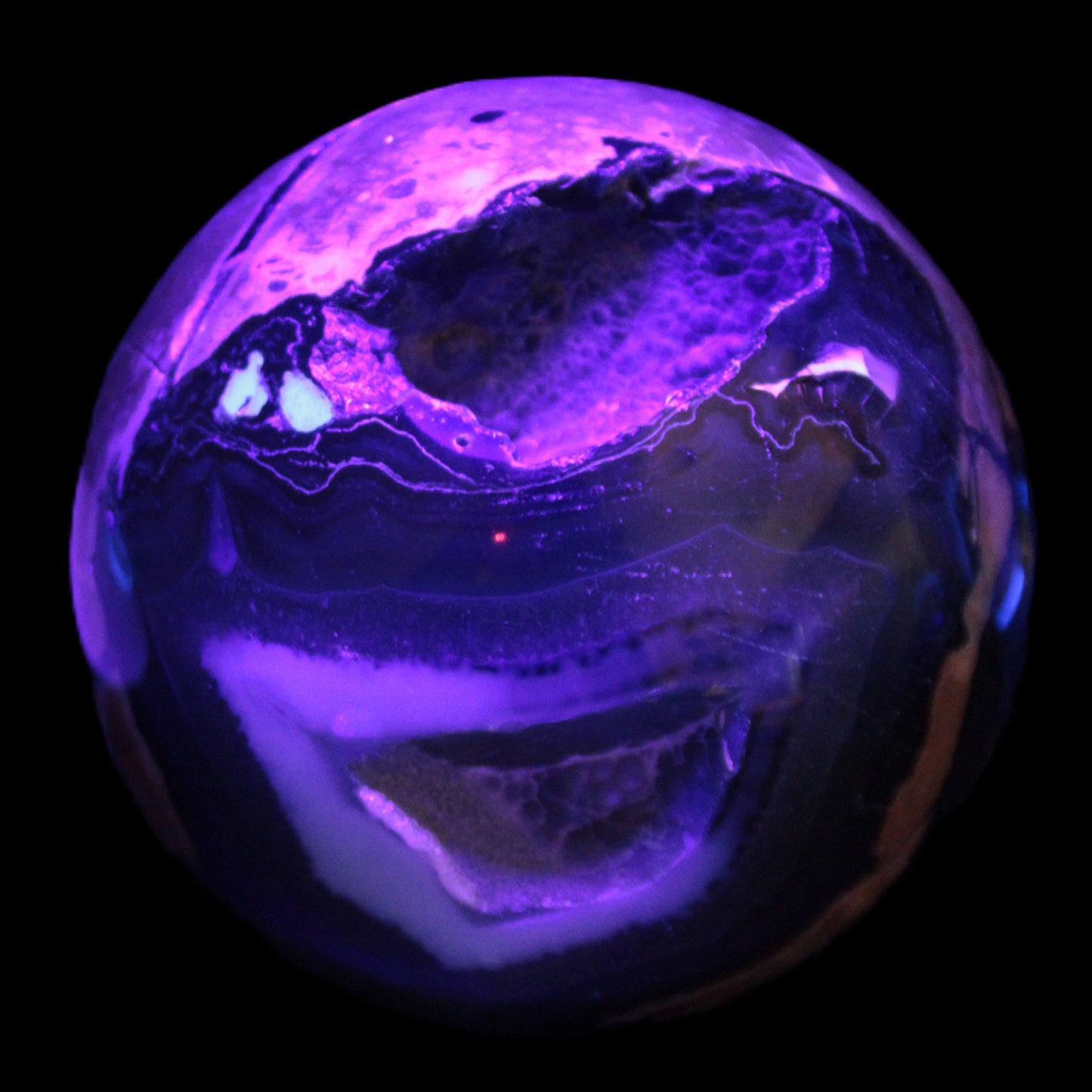 Volcano Agate sphere 119mm 2167g in UV light - Rocks and Things Store