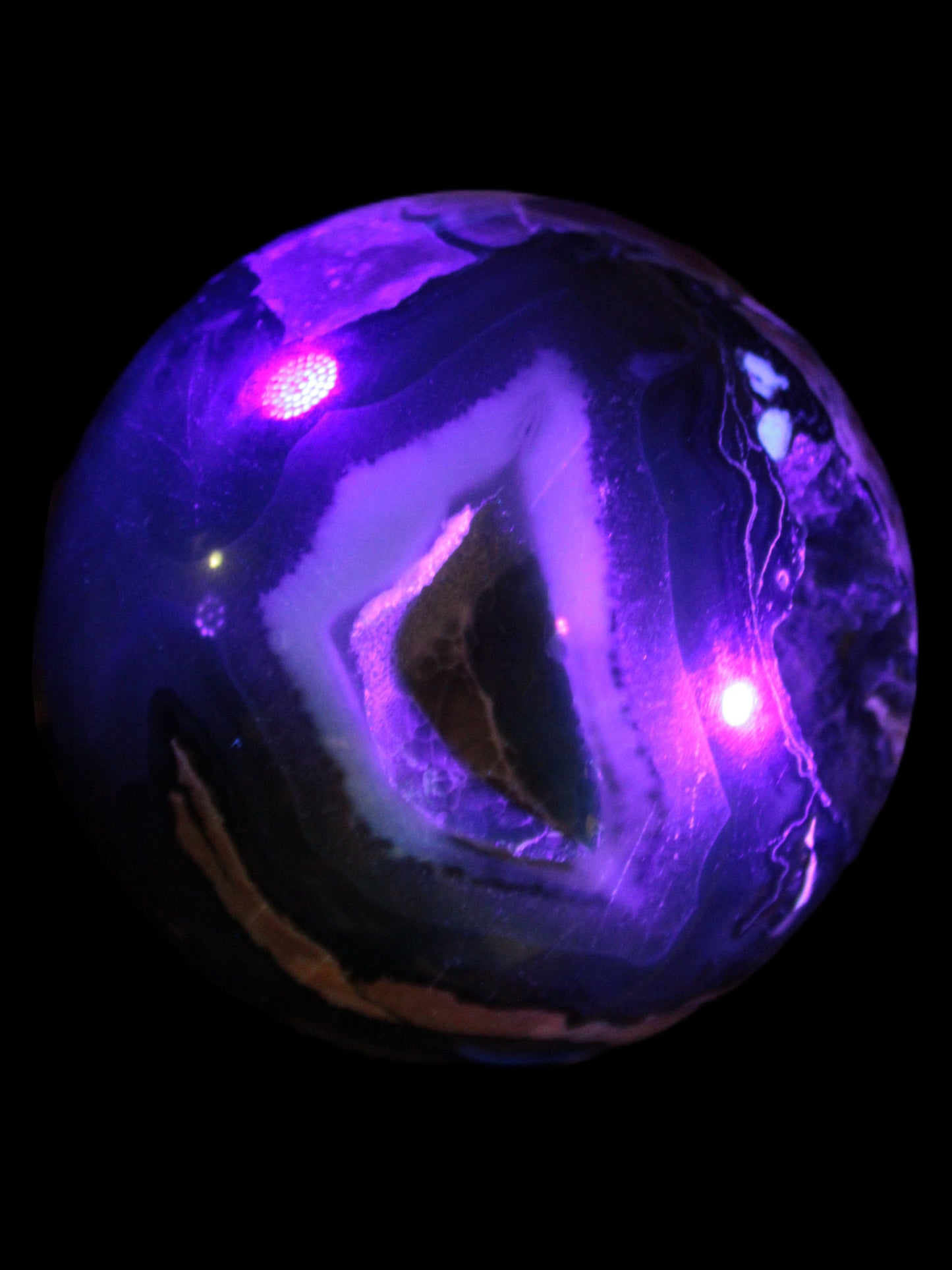 Volcano Agate sphere 119mm 2167g in UV light - Rocks and Things Store