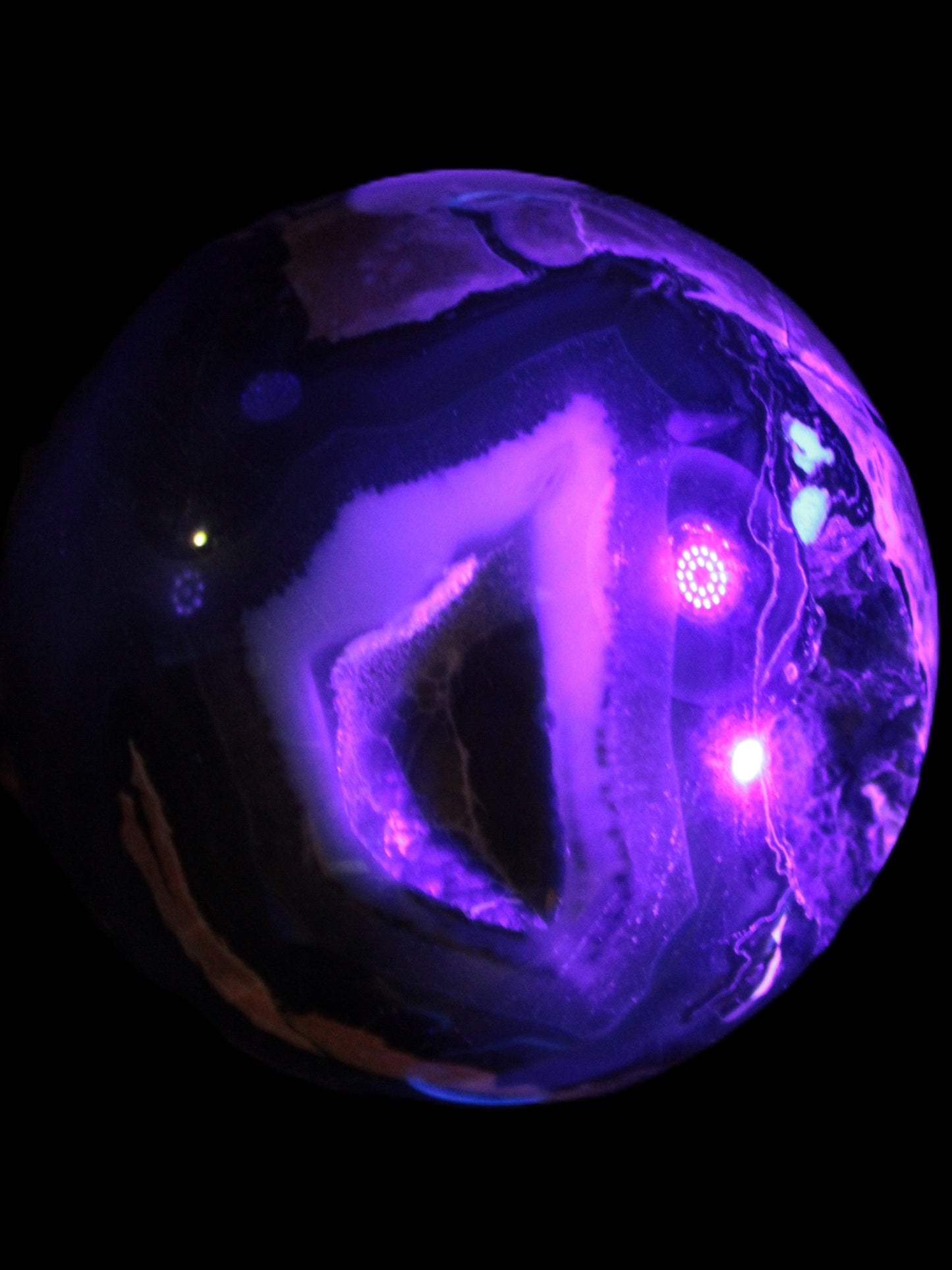 Volcano Agate sphere 119mm 2167g in UV light - Rocks and Things Store