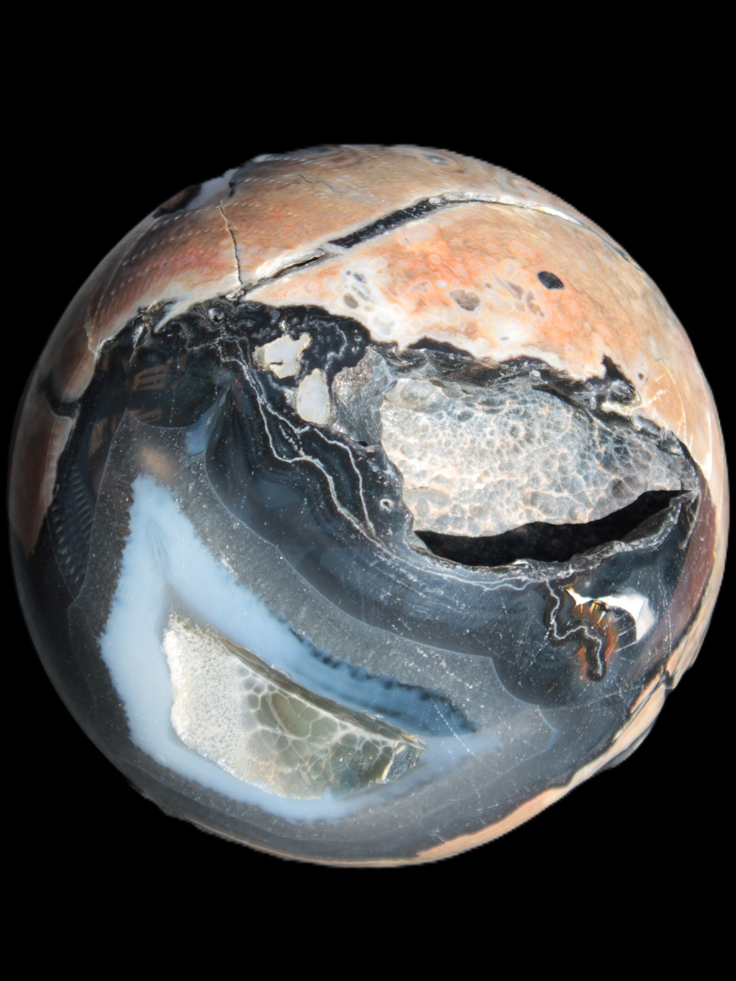 Volcano Agate sphere 119mm 2167g in sunlight - Rocks and Things Store
