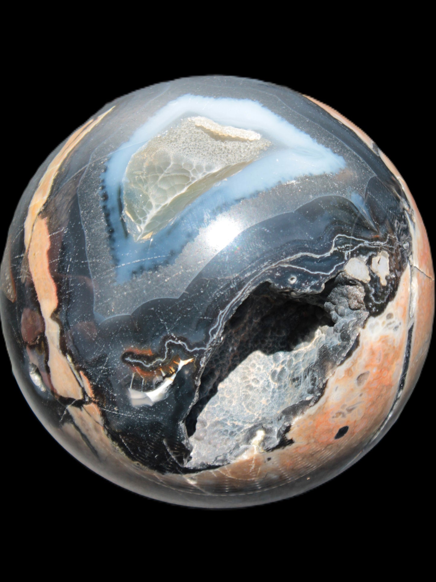 Volcano Agate sphere 119mm 2167g in sunlight - Rocks and Things Store