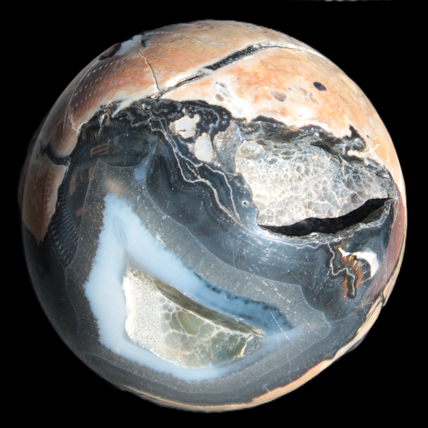 Volcano Agate sphere 119mm 2167g in sunlight - Rocks and Things Store